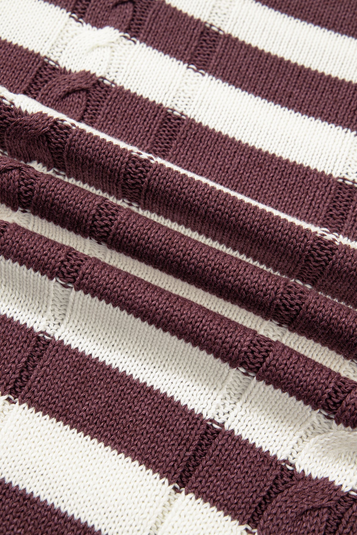 Brown Stripe Ribbed Knit Cable Detail Short Sleeve Sweater-TOPS / DRESSES-[Adult]-[Female]-2022 Online Blue Zone Planet