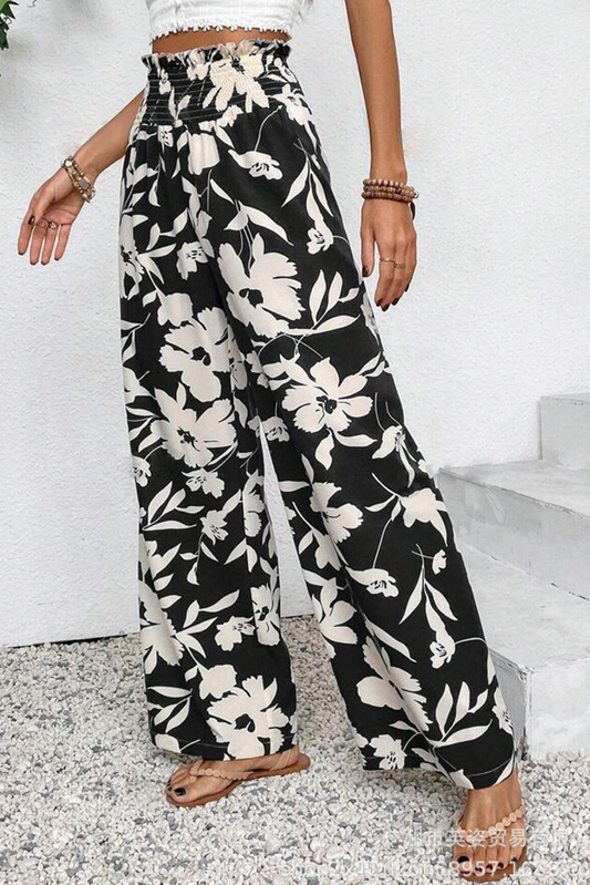 Black Floral Smocked Frill Waist Wide Leg Pants-Pants-[Adult]-[Female]-Black-S-2022 Online Blue Zone Planet