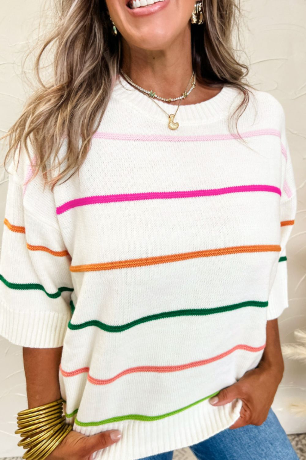 Striped Half Sleeve Drop Shoulder Sweater-TOPS / DRESSES-[Adult]-[Female]-White-S-2022 Online Blue Zone Planet