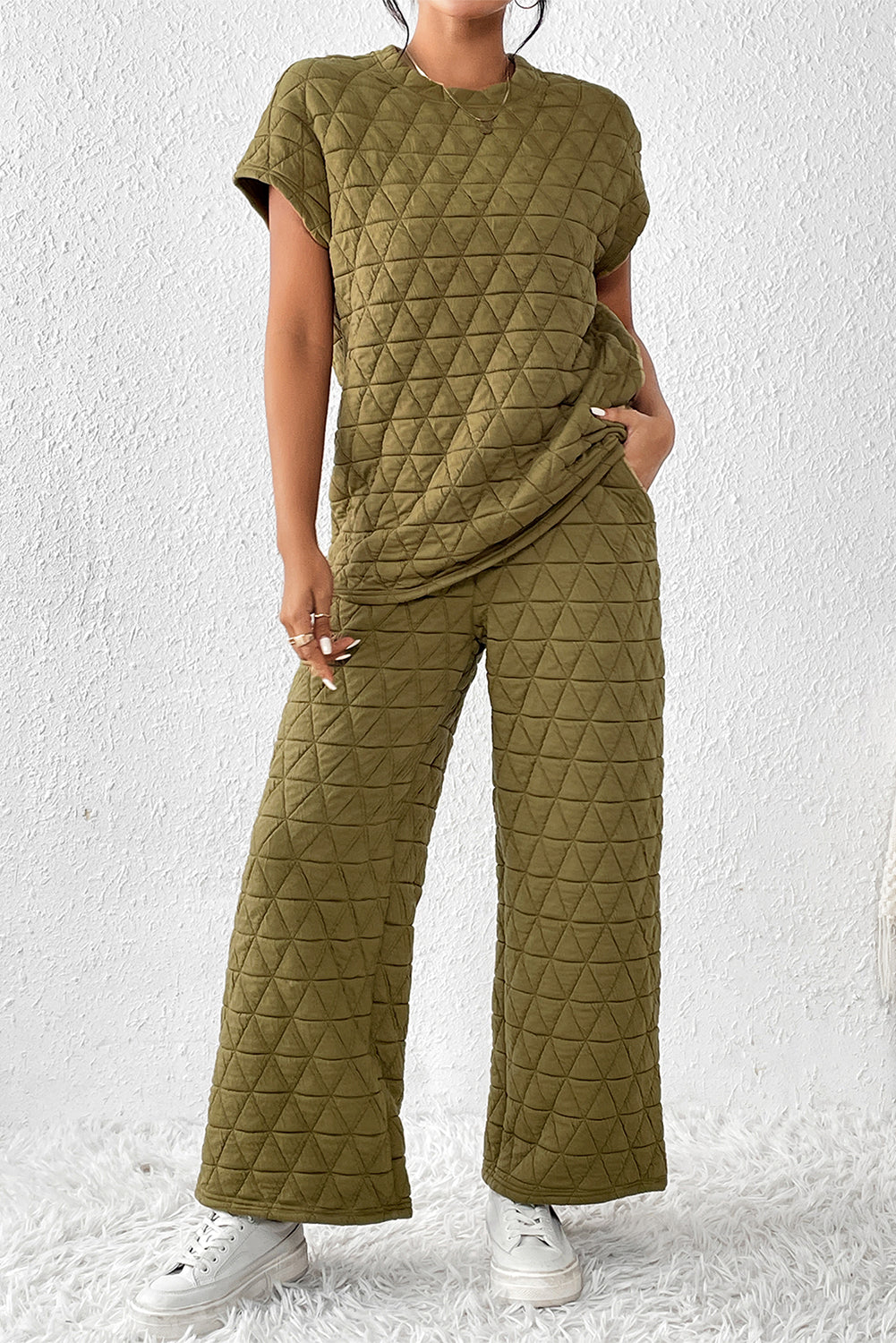 Blue Zone Planet |  Sage Green Quilted Short Sleeve Wide Leg Pants Set Blue Zone Planet