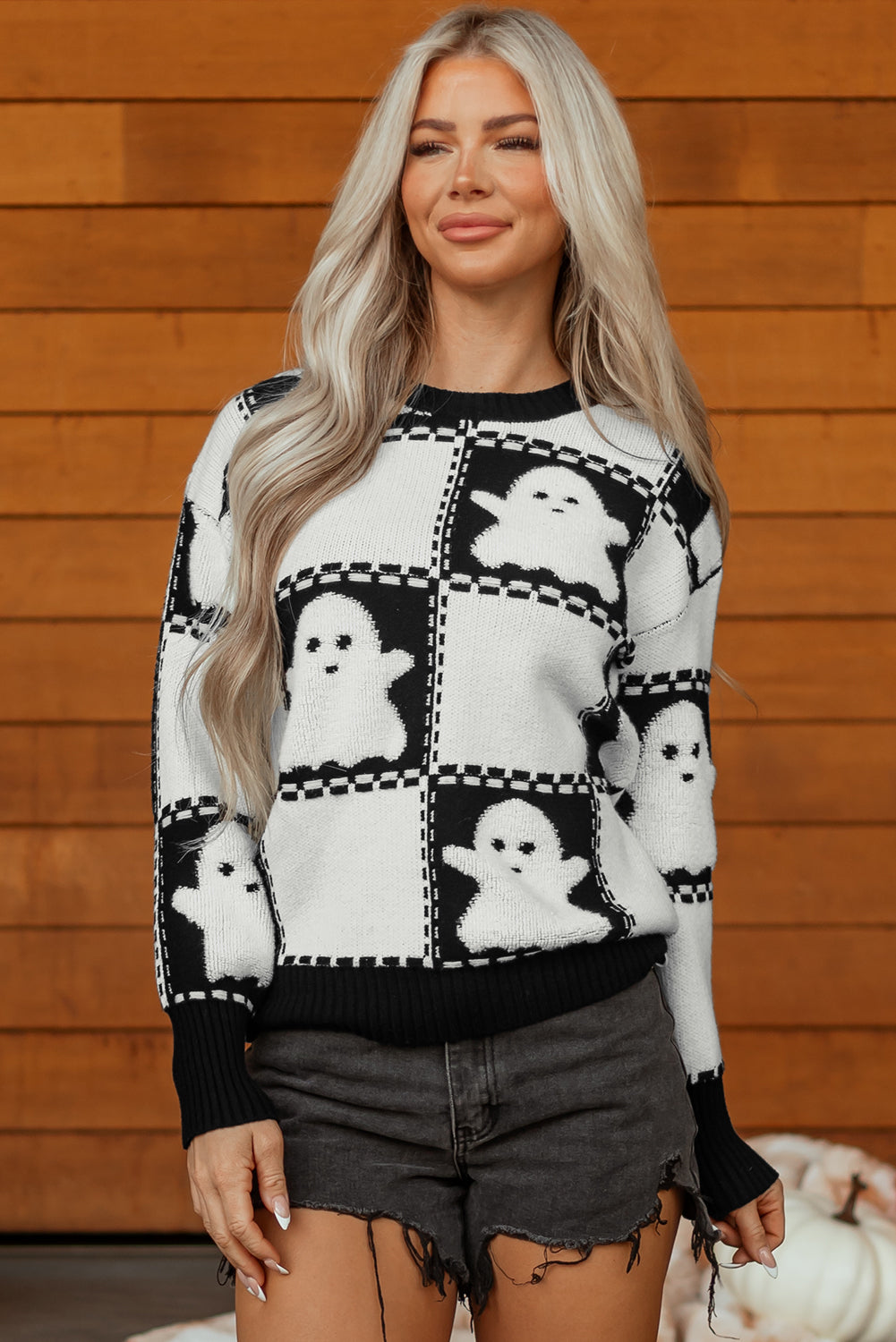 Black Halloween Ghost Checkered Drop Shoulder Sweater-TOPS / DRESSES-[Adult]-[Female]-2022 Online Blue Zone Planet