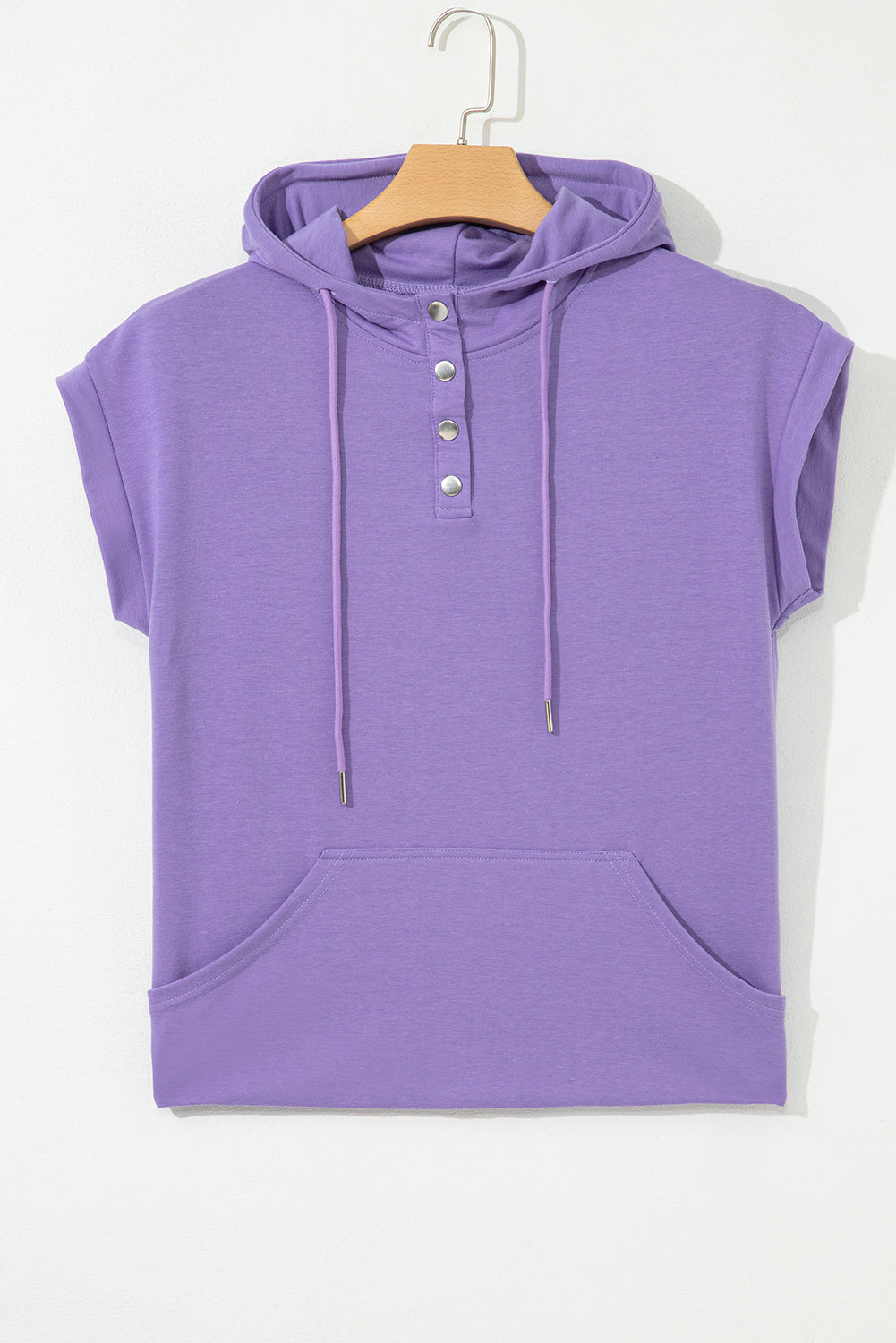 Purple Short Sleeve Buttoned Neck Kangaroo Pocket Hoodie-Tops / Dresses-[Adult]-[Female]-2022 Online Blue Zone Planet