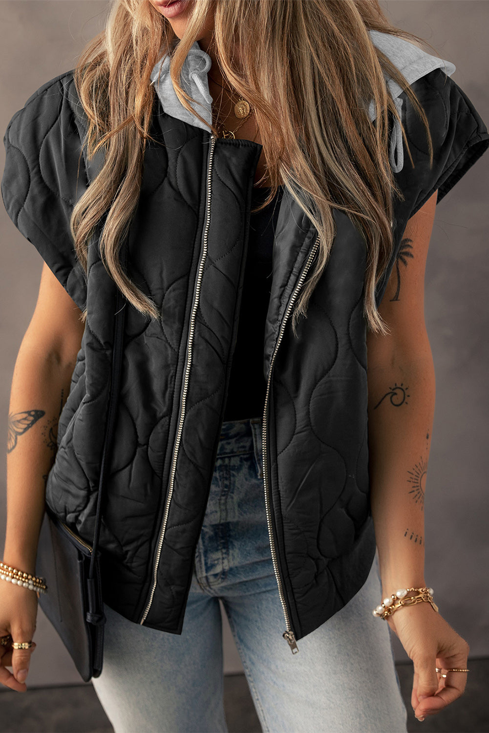 Black Quilted Drawstring Hooded Zip Up Puffer Vest-Tops / Dresses-[Adult]-[Female]-Black-S-2022 Online Blue Zone Planet