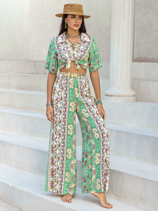 Printed Half Sleeve Top and Wide Leg Pants Set-TOPS / DRESSES-[Adult]-[Female]-Gum Leaf-S-2022 Online Blue Zone Planet