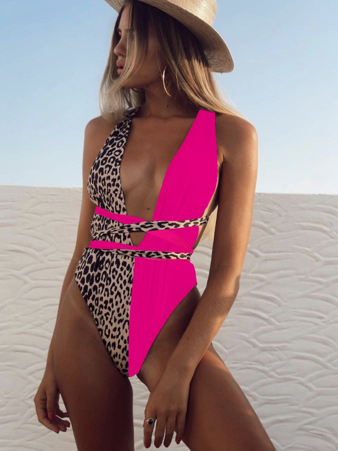 Blue Zone Planet | Tied Leopard Plunge One-Piece Swimwear-TOPS / DRESSES-[Adult]-[Female]-2022 Online Blue Zone Planet