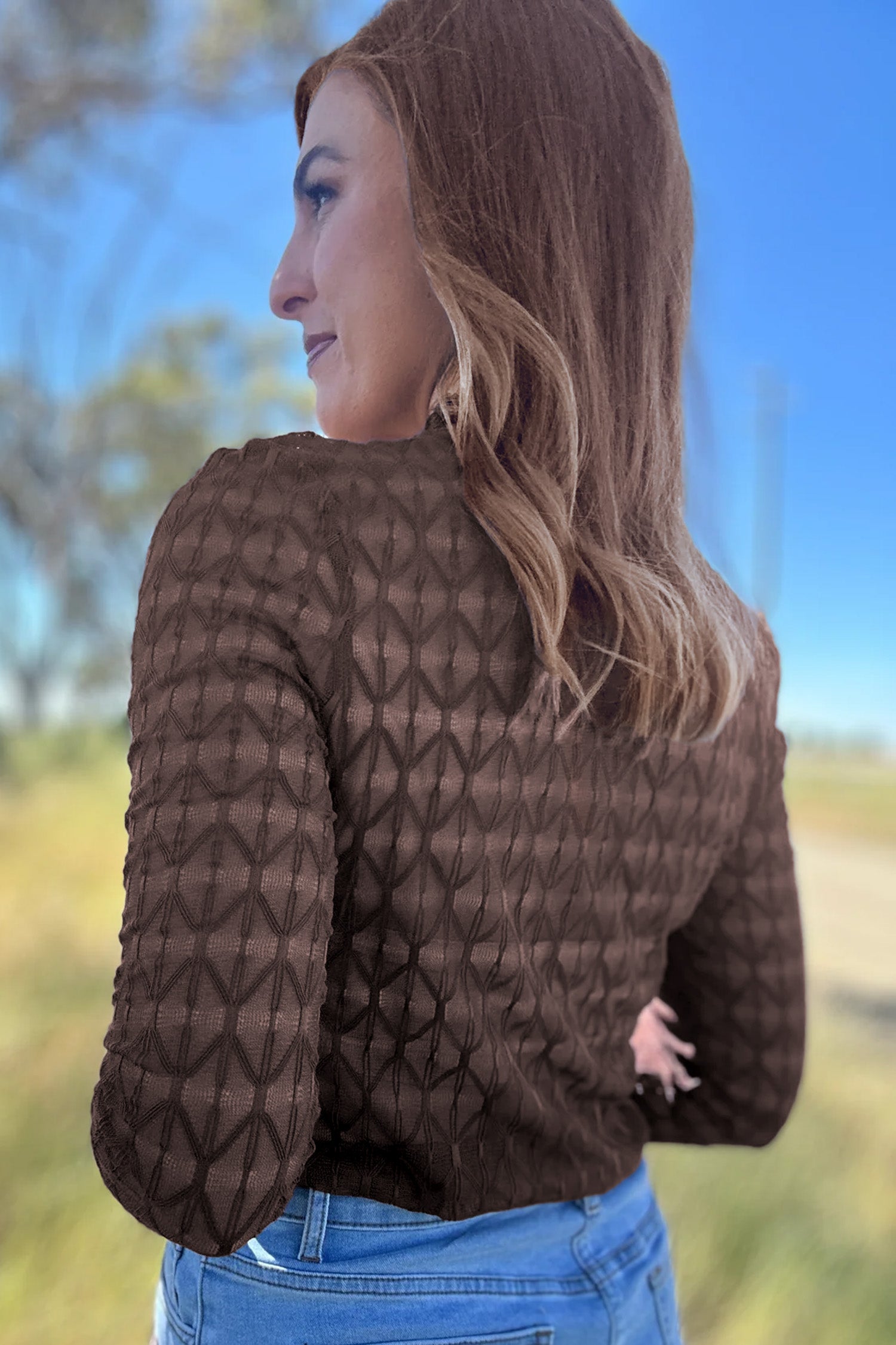 Chicory Coffee Sheer Textured Lace Stand Neck Long Sleeve Top-Tops/Long Sleeve Tops-[Adult]-[Female]-2022 Online Blue Zone Planet