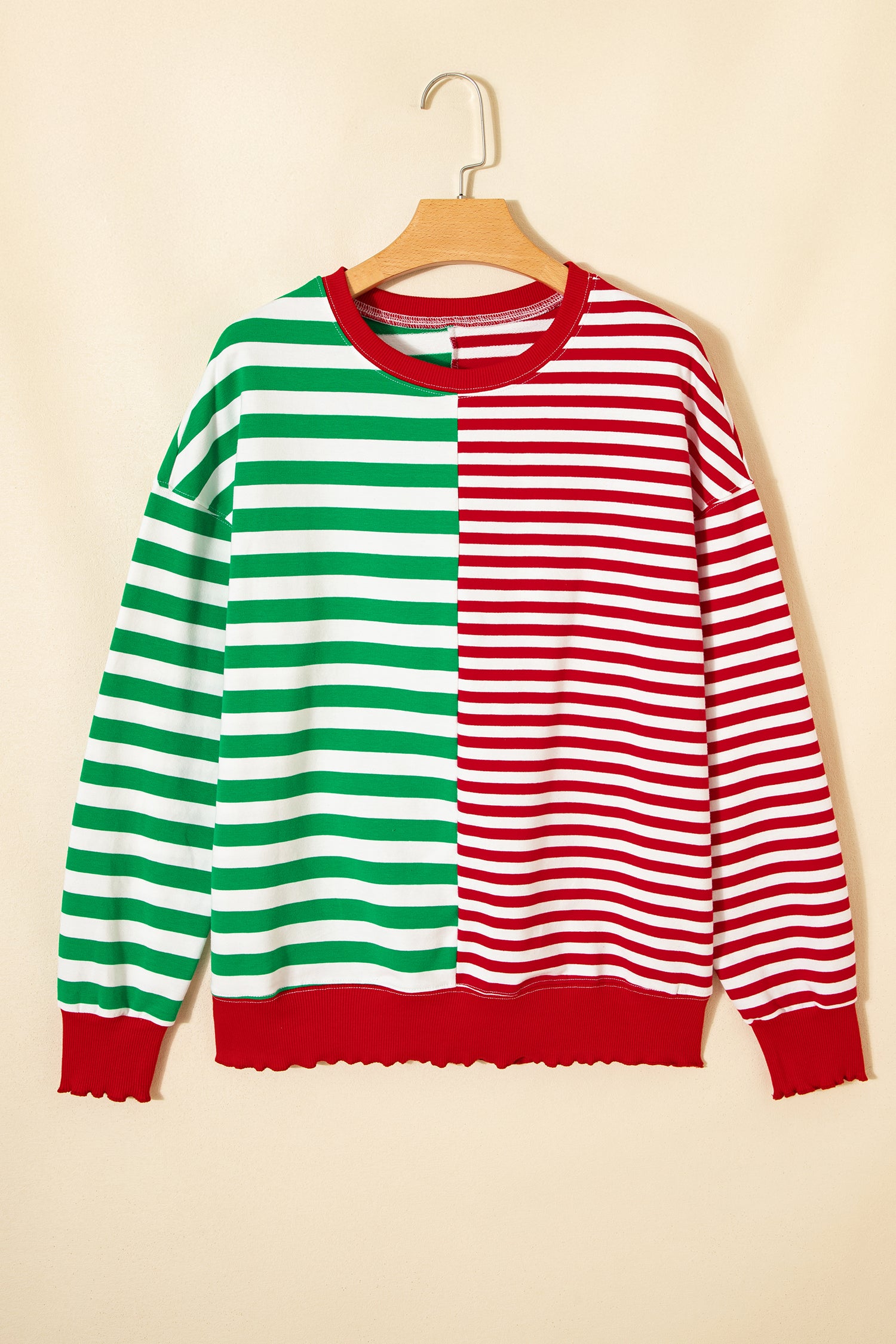 Green Stripe Contrasted Color Block Patchwork Baggy Sweatshirt-Tops/Sweatshirts & Hoodies-[Adult]-[Female]-2022 Online Blue Zone Planet