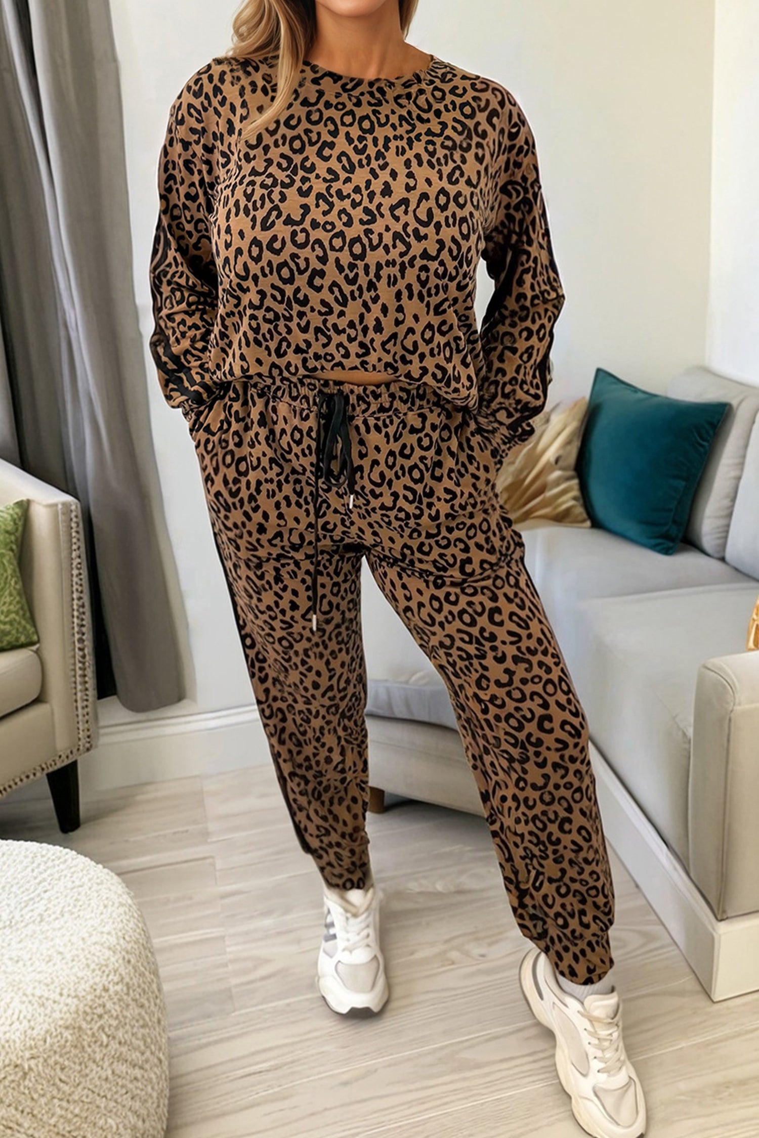Brown Varsity Striped Trim Leopard Long Sleeve Top Drawstring Pant Set-Two Piece Sets/Pant Sets-[Adult]-[Female]-2022 Online Blue Zone Planet
