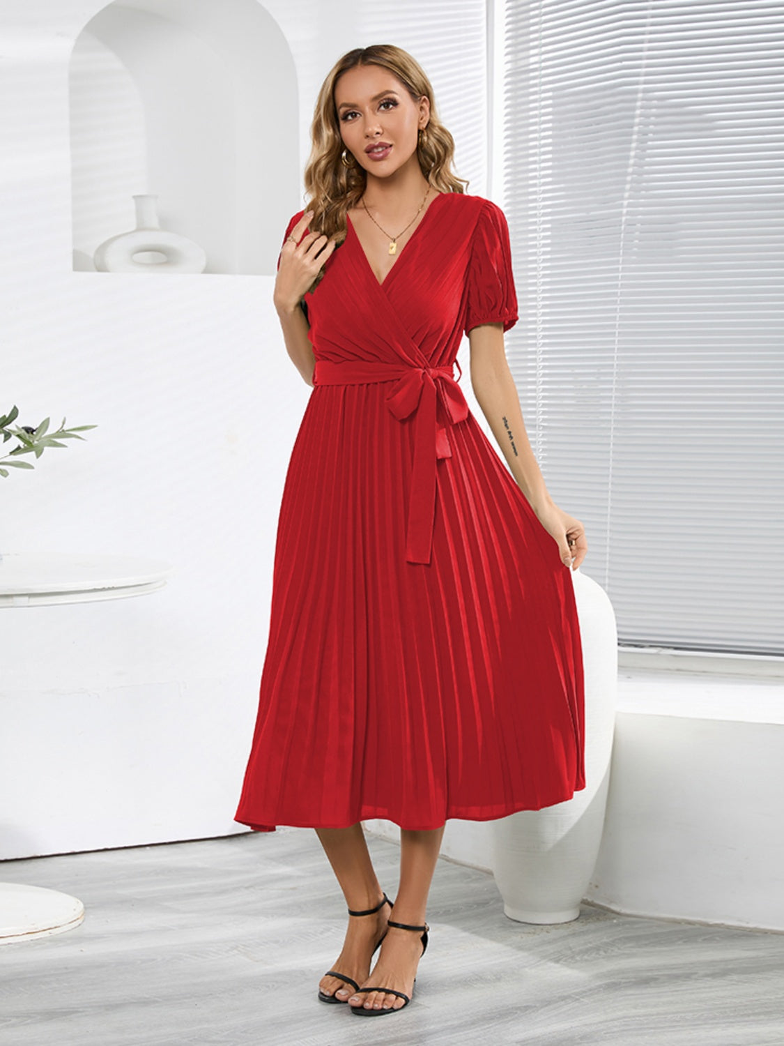 Pleated Surplice Tie Waist Midi Dress-TOPS / DRESSES-[Adult]-[Female]-2022 Online Blue Zone Planet