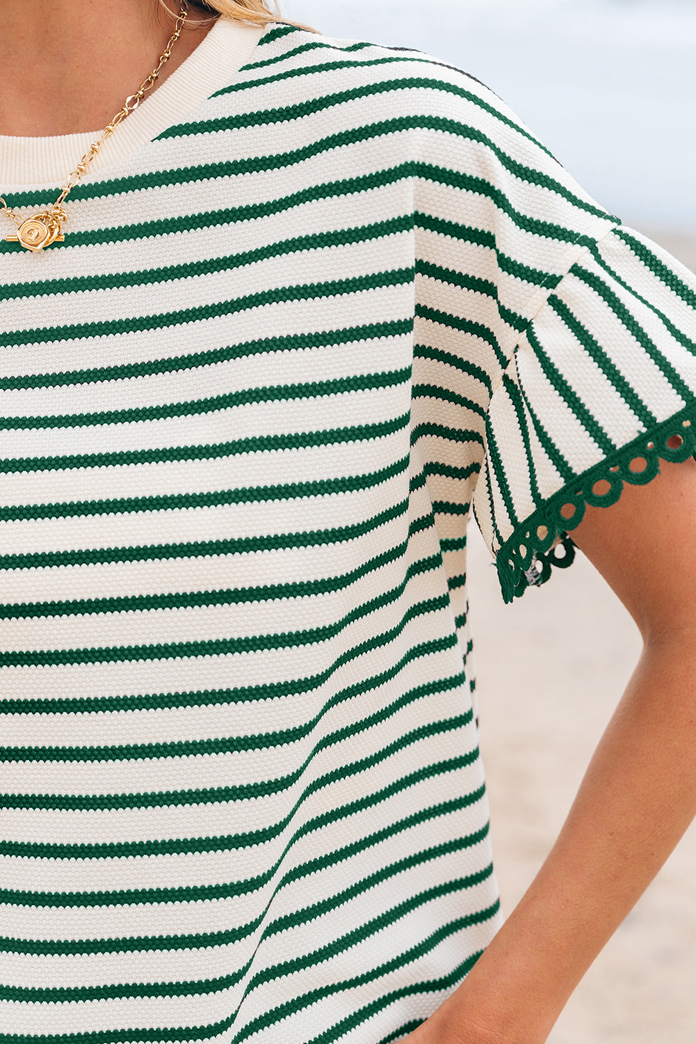 Green Stripe Scallop Lace Trim Ruffle Short Sleeves Crewneck Top-Tops/Blouses & Shirts-[Adult]-[Female]-2022 Online Blue Zone Planet