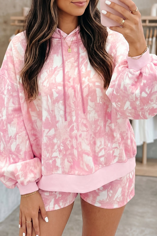 Pink Abstract Print Loose Hoodie Slim Shorts 2pcs Set-Tops / Dresses-[Adult]-[Female]-Pink-S-2022 Online Blue Zone Planet