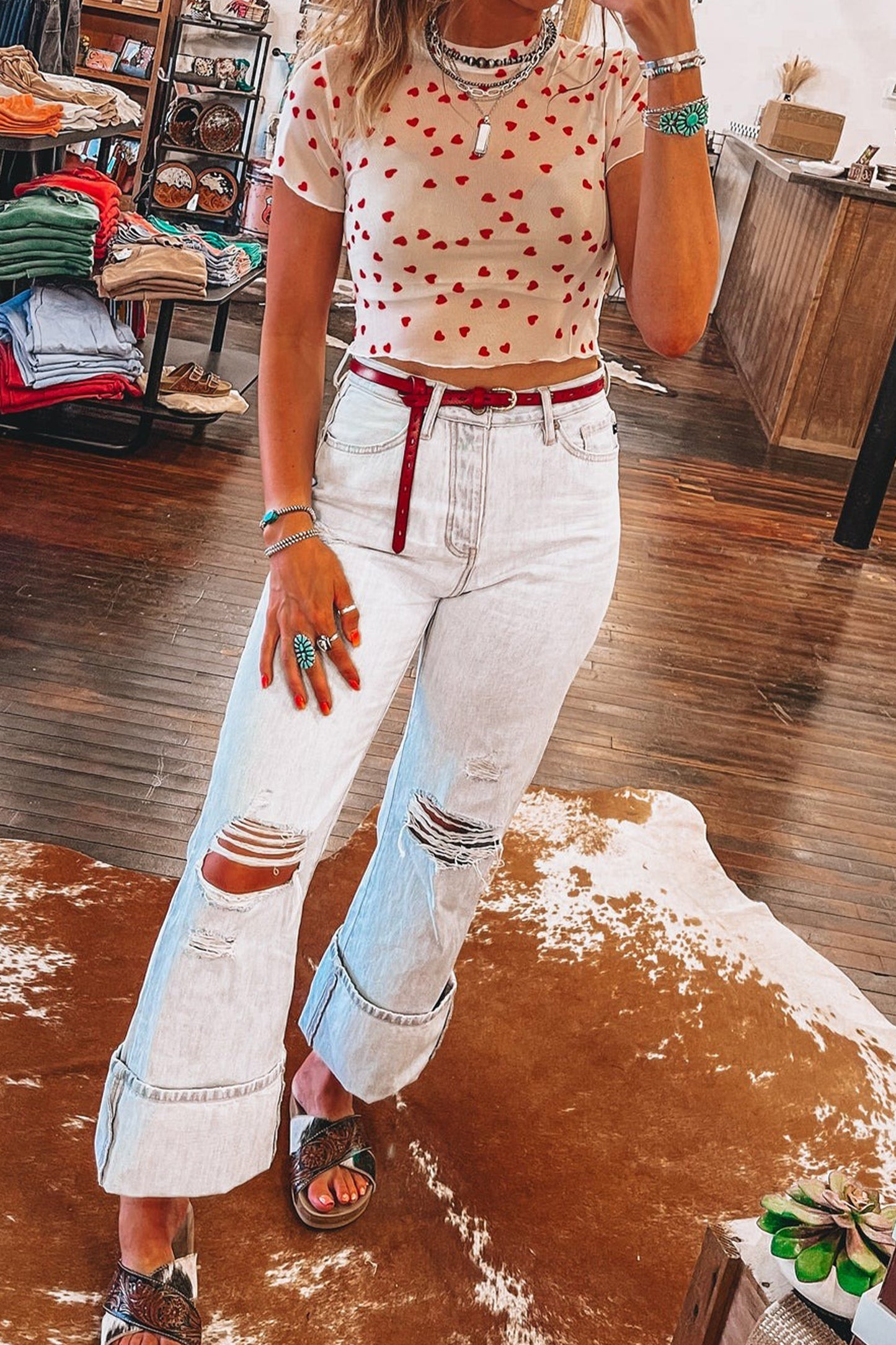 Red Allover Heart Print Mesh Short Sleeve Top-Tops/Tops & Tees-[Adult]-[Female]-2022 Online Blue Zone Planet