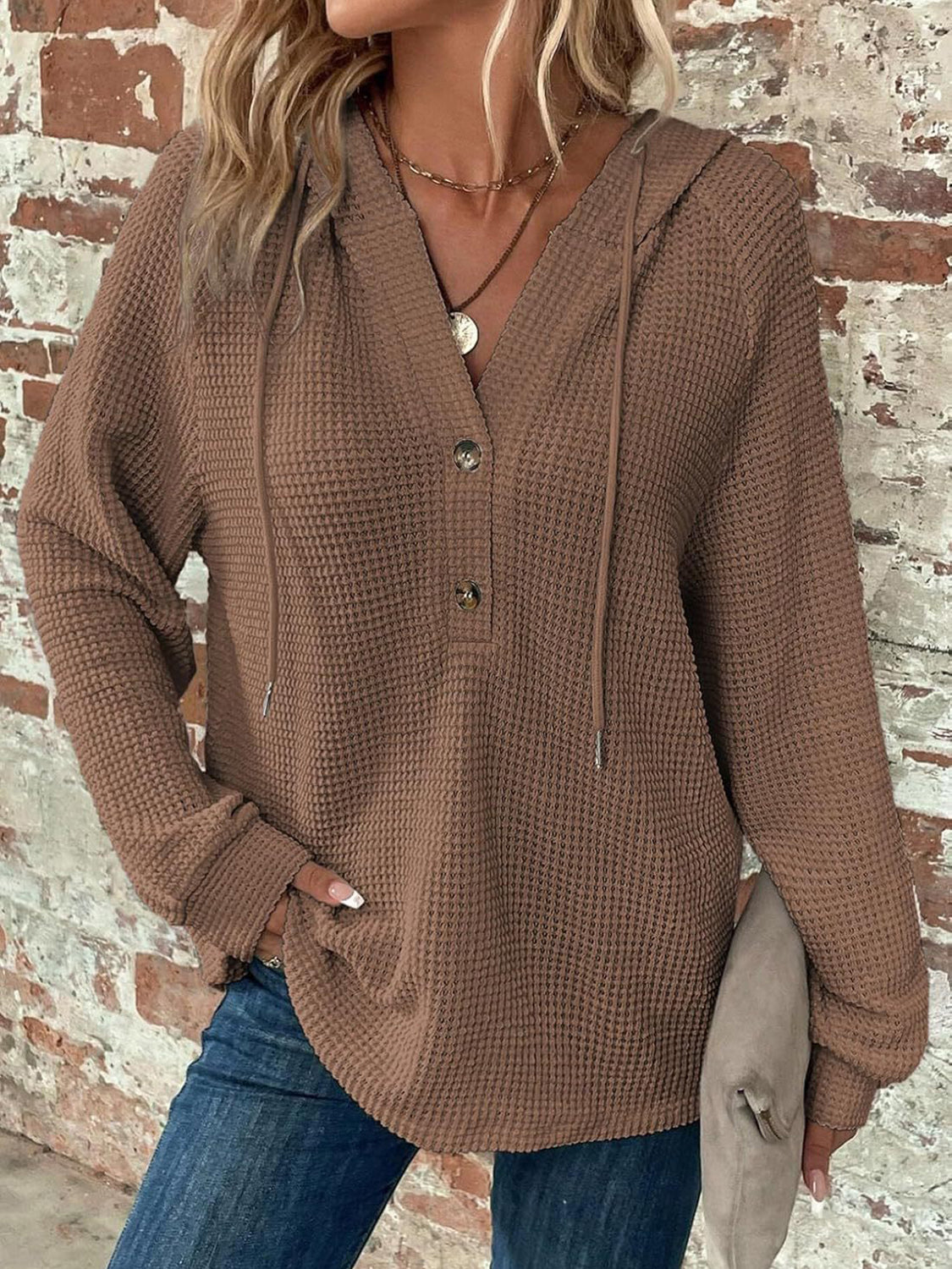 Waffle Knit Long Sleeve Drawstring Hooded Top-[Adult]-[Female]-Taupe-S-2022 Online Blue Zone Planet