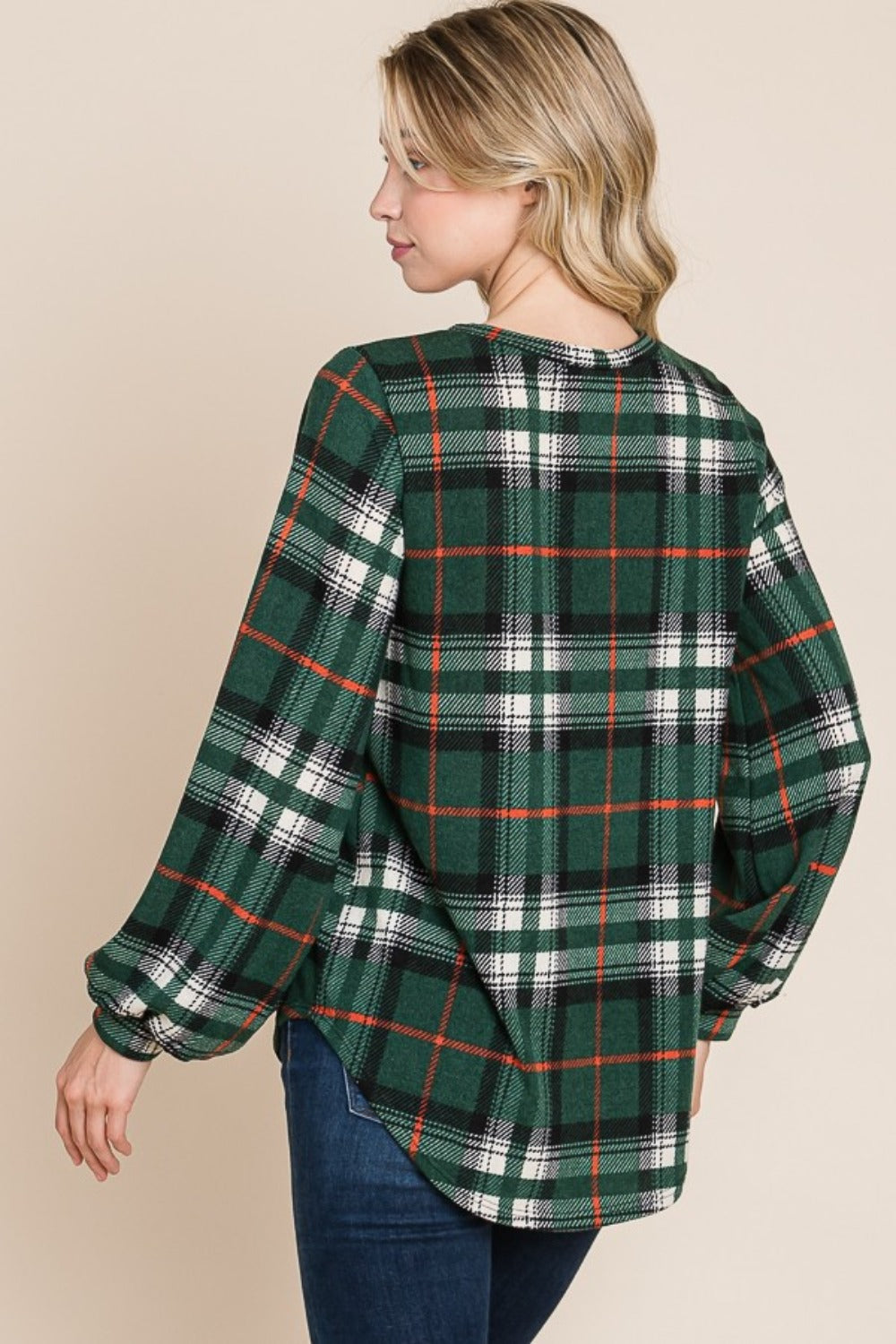 Blue Zone Planet | BOMBOM Curved Hem Plaid Round Neck Long Sleeve Top-TOPS / DRESSES-[Adult]-[Female]-2022 Online Blue Zone Planet