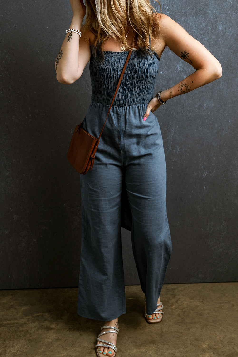 Tied Smocked Wide Leg Jumpsuit-TOPS / DRESSES-[Adult]-[Female]-2022 Online Blue Zone Planet