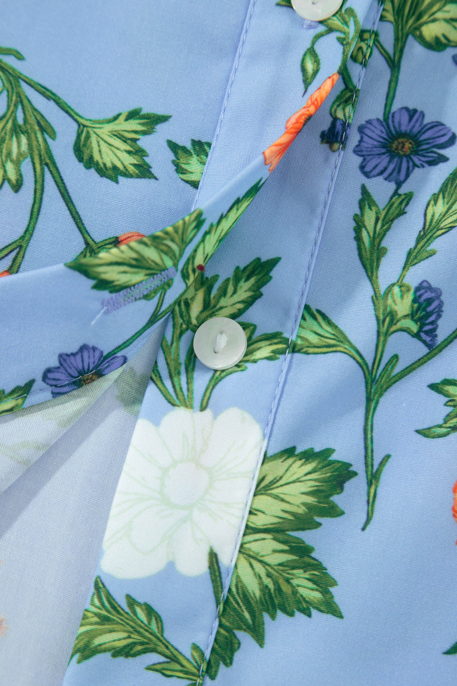 Sky Blue Floral Print Bracelet Sleeve Button Down Casual Shirt-Bracelet-[Adult]-[Female]-2022 Online Blue Zone Planet