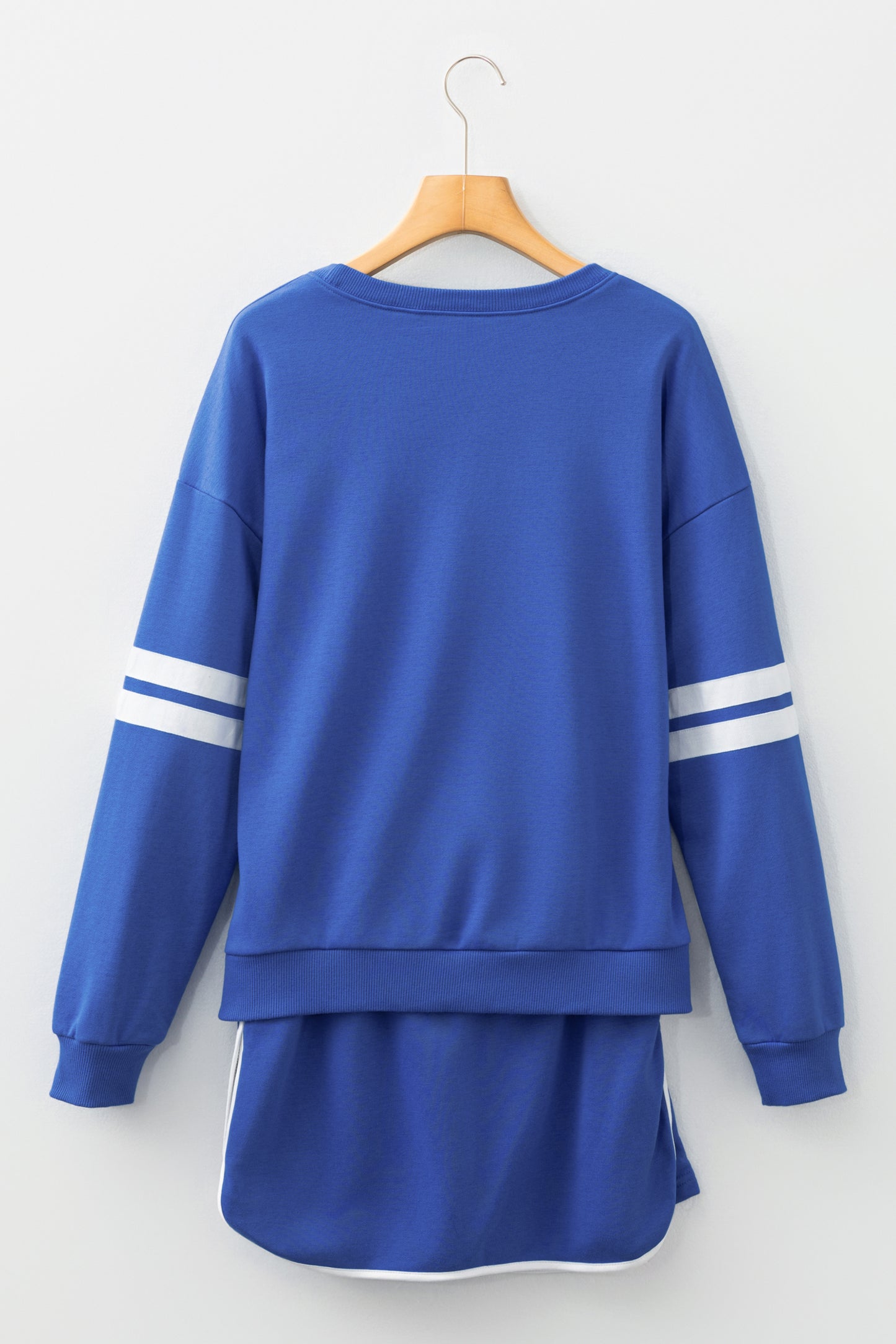 Sky Blue Varsity Stripe Detail Drop Shoulder Pullover Mini Skirt Set-Two Piece Sets/Two Piece Dresses-[Adult]-[Female]-2022 Online Blue Zone Planet