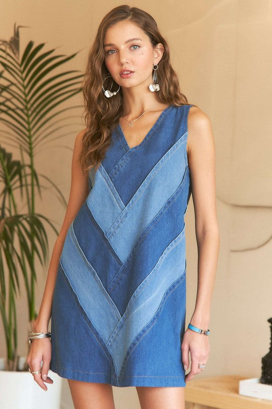 ADORA Chevron Color Block V-Neck Denim Dress-TOPS / DRESSES-[Adult]-[Female]-2022 Online Blue Zone Planet