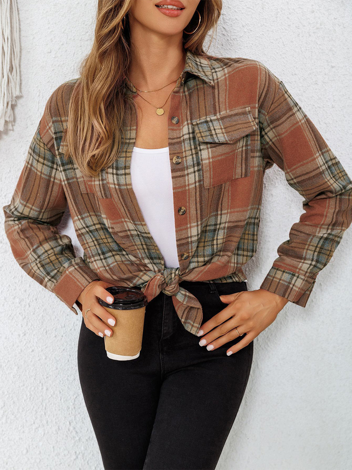 Plaid Collared Neck Button Up Long Sleeve Shirt-TOPS / DRESSES-[Adult]-[Female]-Ochre-XS-2022 Online Blue Zone Planet