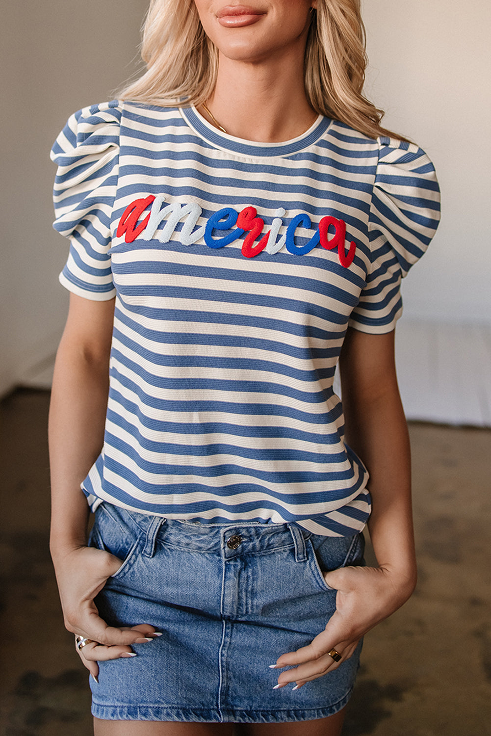 Blue Stripe America Cursive Graphic Puff Sleeve T-shirt-Tops/Tops & Tees-[Adult]-[Female]-2022 Online Blue Zone Planet
