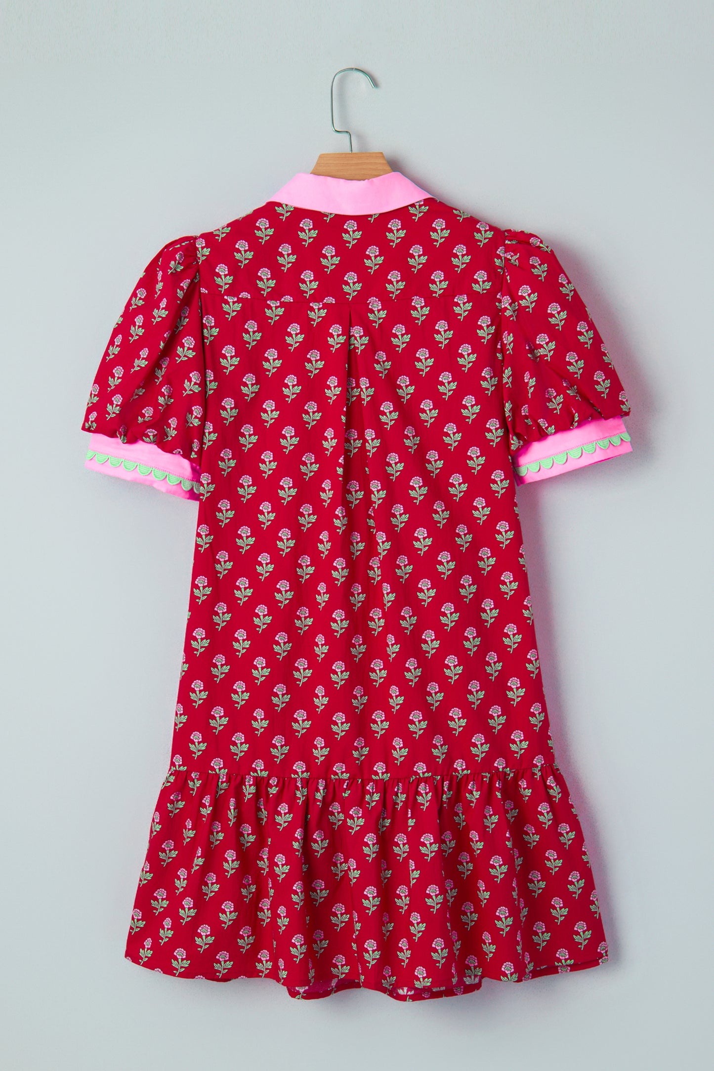Red Floral Print Contrasted V Neck Short Bubble Sleeve Mini Dress-TOPS / DRESSES-[Adult]-[Female]-2022 Online Blue Zone Planet