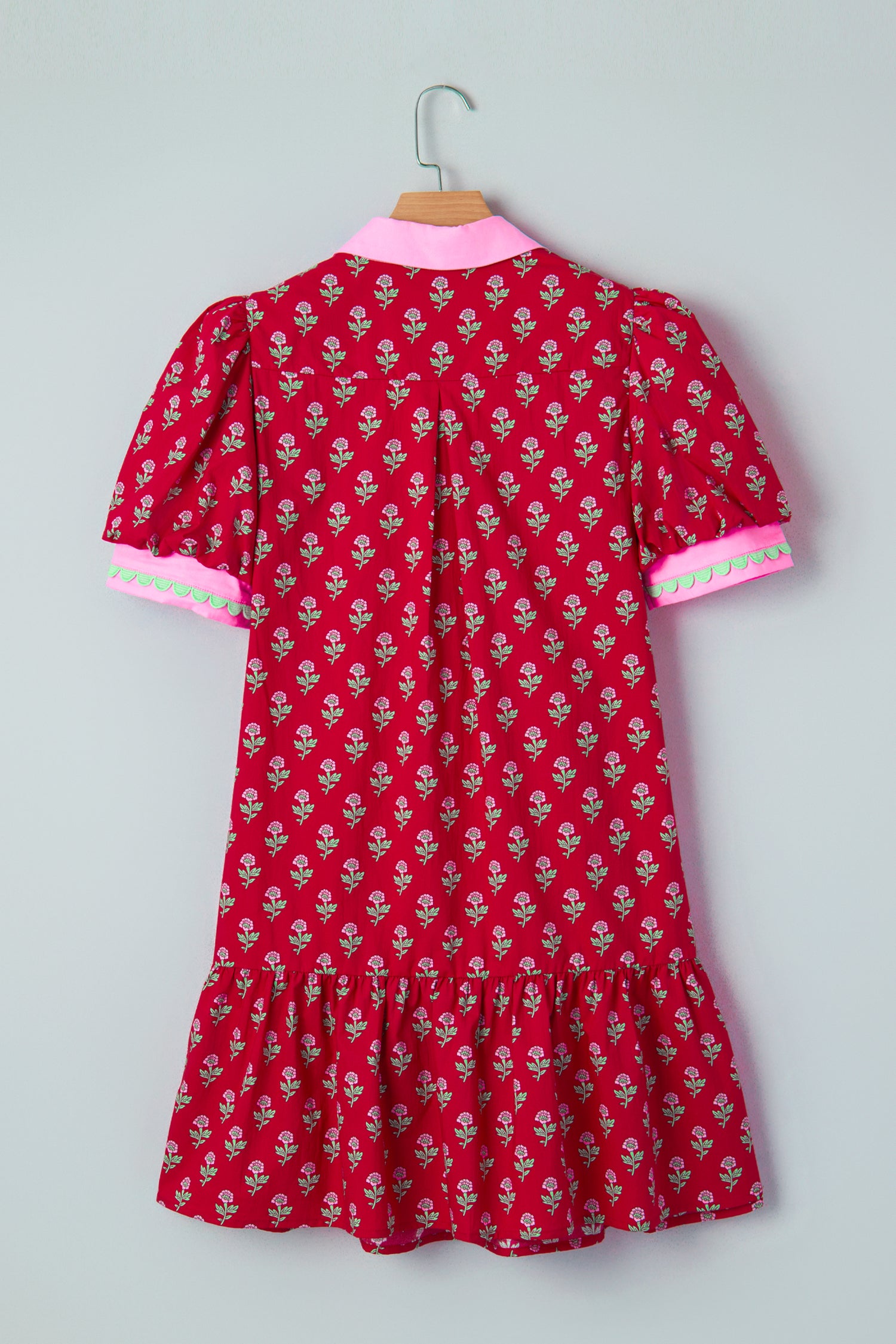 Red Floral Print Contrasted V Neck Short Bubble Sleeve Mini Dress-TOPS / DRESSES-[Adult]-[Female]-2022 Online Blue Zone Planet