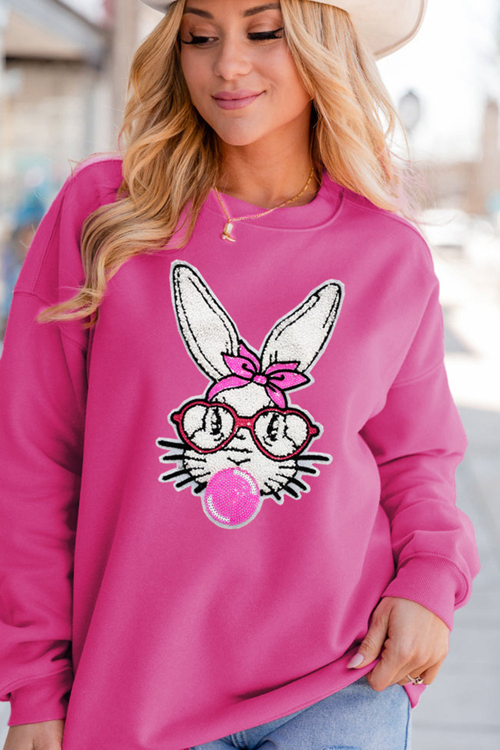 Bonbon Bubble Gum Rabbit Sequin Graphic Drop Shoulder Sweatshirt-Graphic Sweatshirts-[Adult]-[Female]-2022 Online Blue Zone Planet