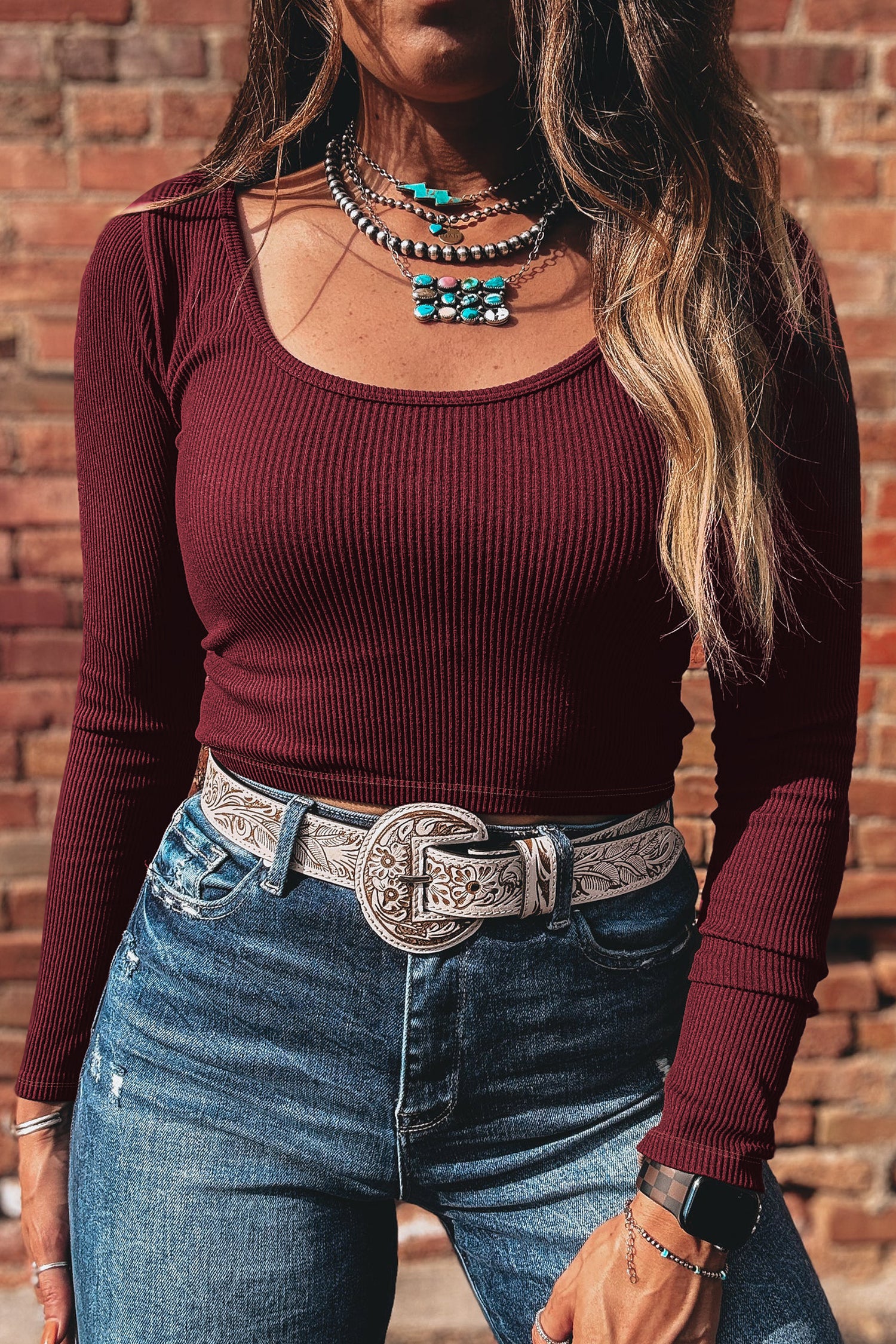 Coffee Ribbed Solid Color U Neck Cropped Long Sleeve Top-Tops/Crop Tops-[Adult]-[Female]-Coffee-S-2022 Online Blue Zone Planet