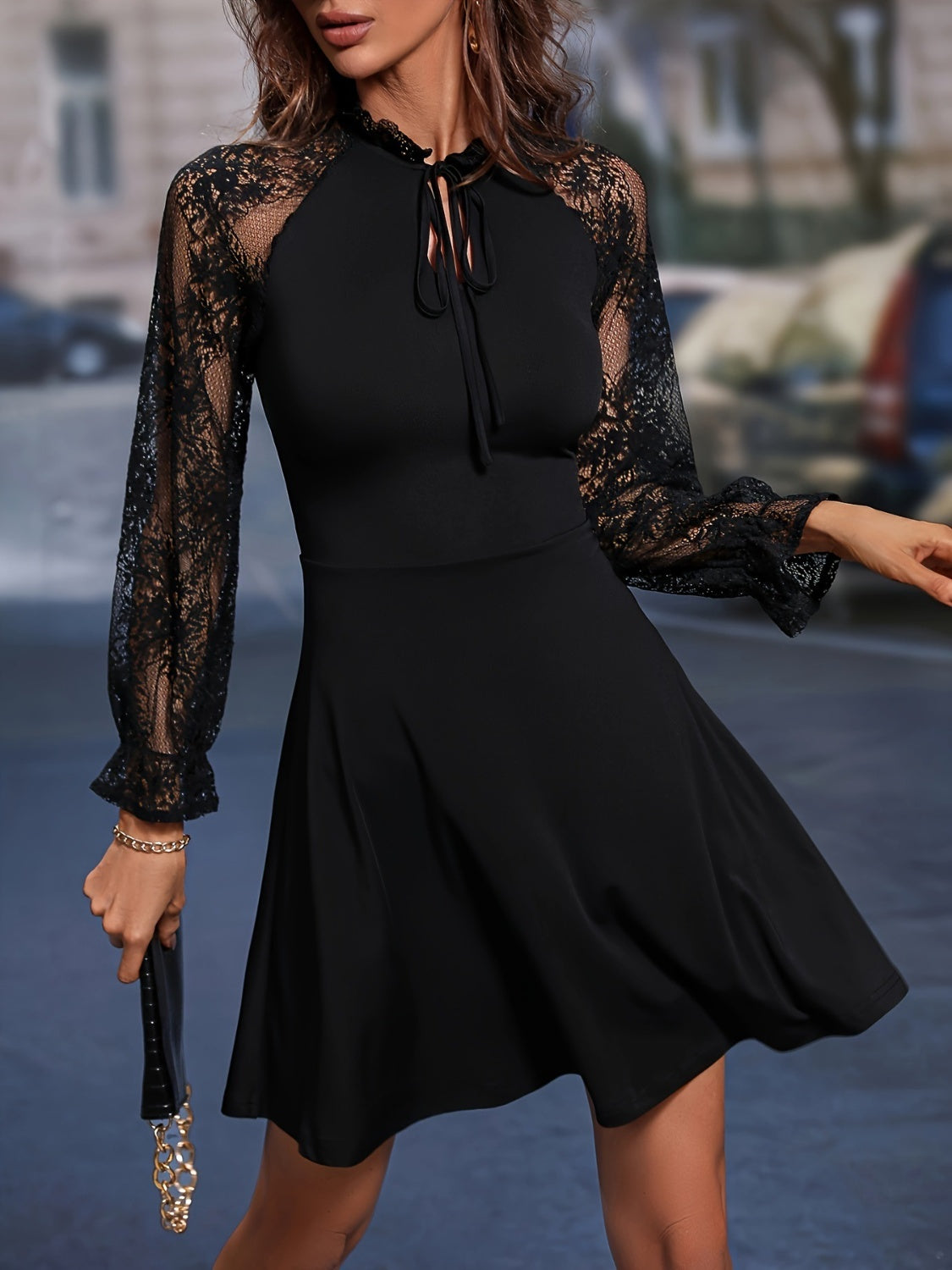 Lace Tie Neck Flounce Sleeve Dress BLUE ZONE PLANET