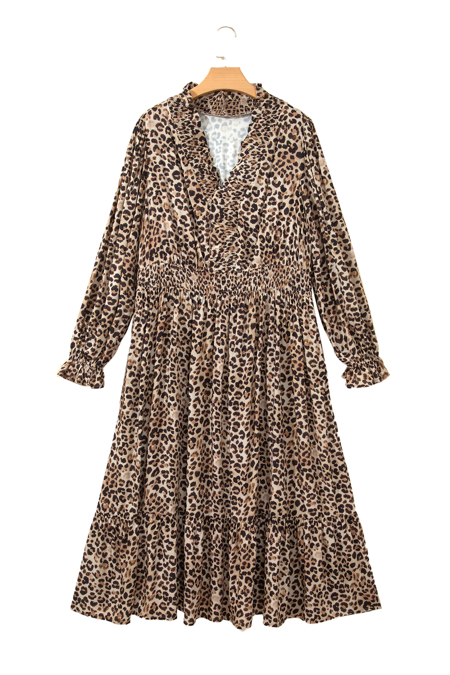 Brown Leopard Print V Neck Long Sleeve Gathered Waist Plus Size Dress-TOPS / DRESSES-[Adult]-[Female]-2022 Online Blue Zone Planet