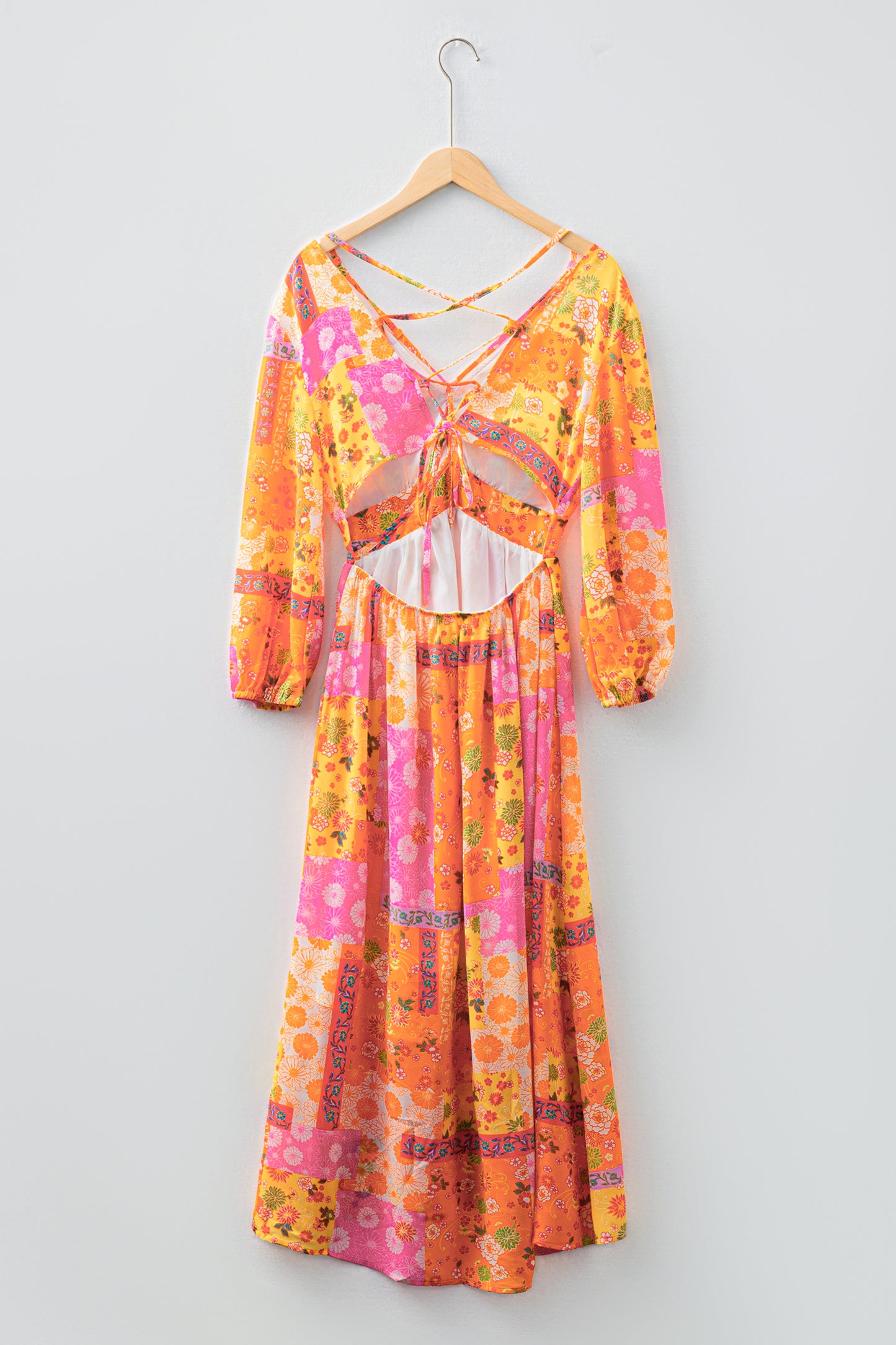 Orange Floral Patchwork Print Cut out Tied Back Bracelet Sleeve Maxi Dress-Bracelet-[Adult]-[Female]-2022 Online Blue Zone Planet