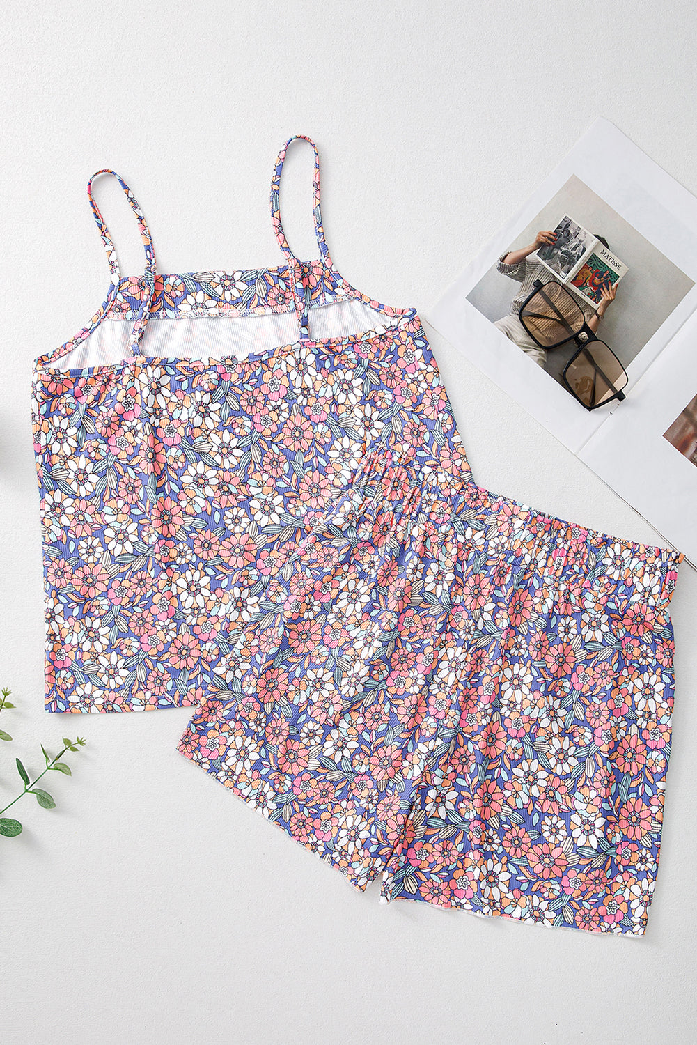 Sky Blue Floral Print Camisole and Shorts Set-Two Piece Shorts Sets-[Adult]-[Female]-2022 Online Blue Zone Planet
