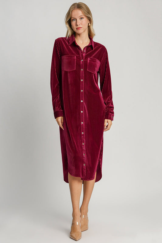 Umgee Texture Curved Hem Button Down Shirt Dress-TOPS / DRESSES-[Adult]-[Female]-Burgundy-S-2022 Online Blue Zone Planet