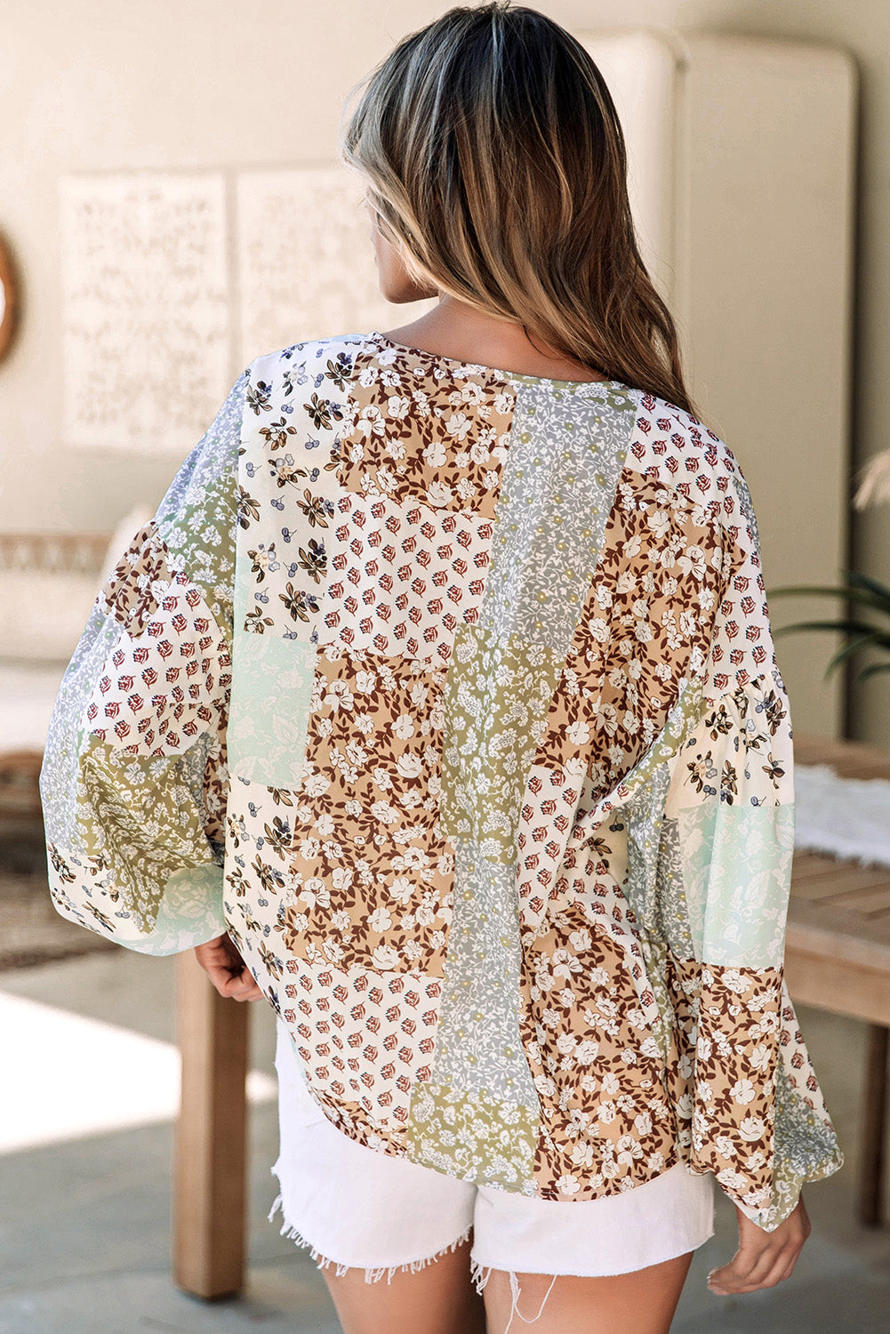 Multicolor Floral Patchwork Print Long Puff Sleeve Shirt-Tops/Blouses & Shirts-[Adult]-[Female]-2022 Online Blue Zone Planet