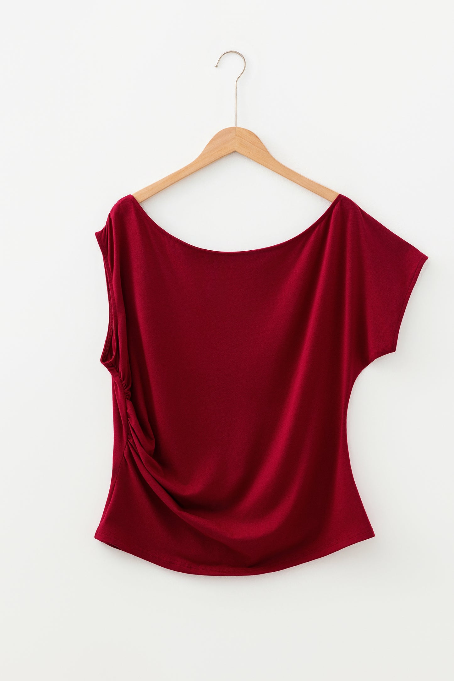 Burgundy Plus Size Solid Color Asymmetric Neck Short Sleeve Blouse-Plus Size/Plus Size Tops/Plus Size Tops & Tees-[Adult]-[Female]-2022 Online Blue Zone Planet