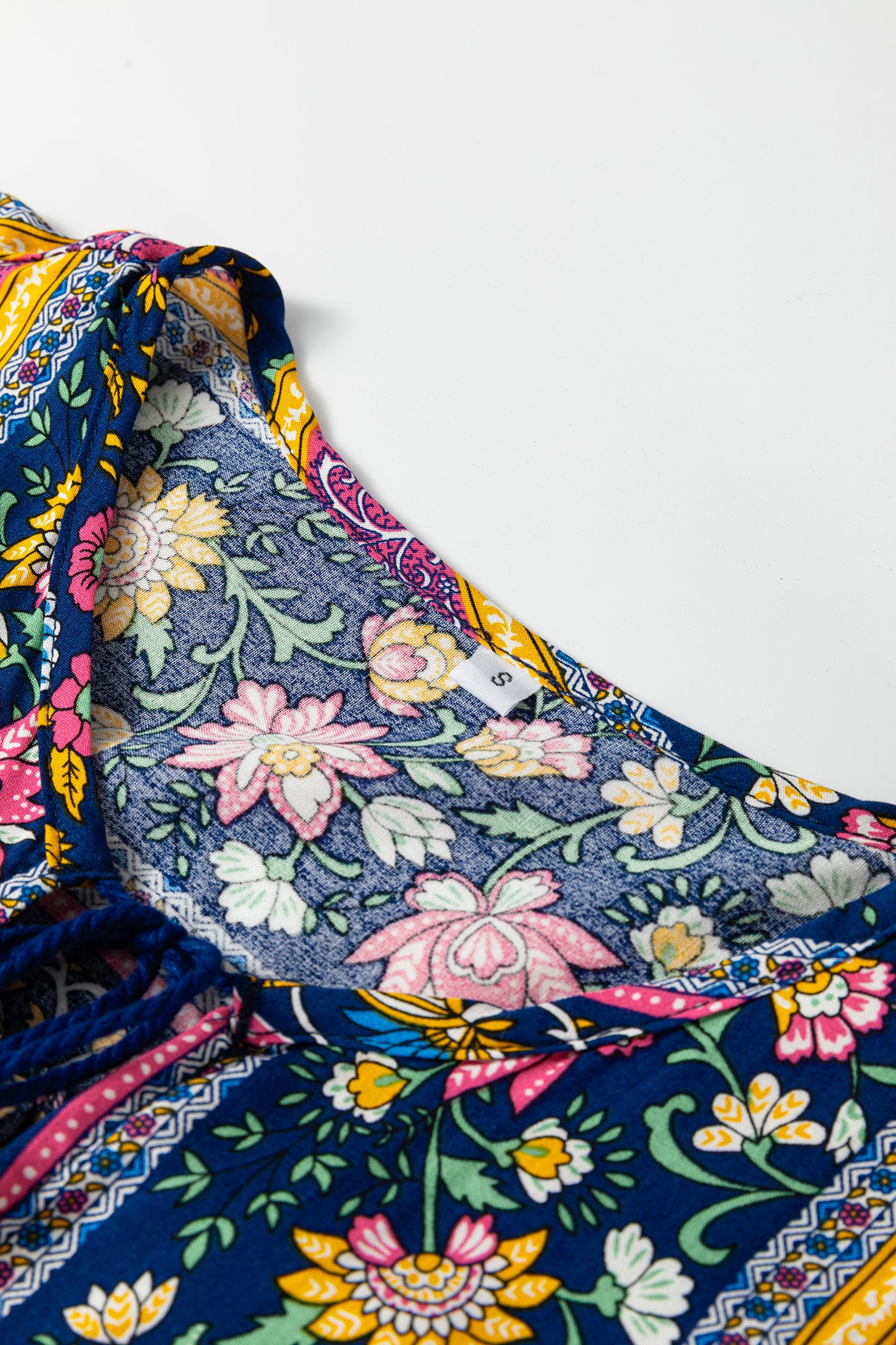 Blue Bohemian Floral Print Tassel Tie Front Long Sleeve Blouse-Tops/Blouses & Shirts-[Adult]-[Female]-2022 Online Blue Zone Planet