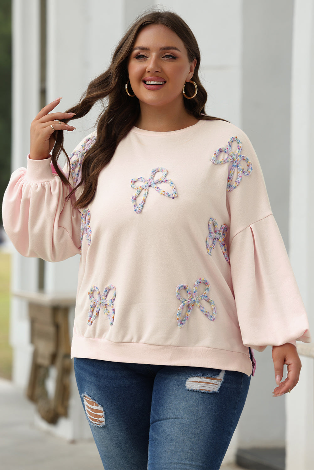 Blue Zone Planet | Light Pink Embroidered Bow Lantern Sleeve Oversized Pullover Sweatshirt-Tops/Sweatshirts & Hoodies-[Adult]-[Female]-2022 Online Blue Zone Planet