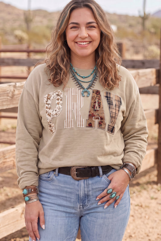 Parchment PRAY Letter Patchwork Round Neck Long Sleeve Plus Size Sweatshirt-Plus Size/Plus Size Sweatshirts & Hoodies-[Adult]-[Female]-Parchment-1X-2022 Online Blue Zone Planet