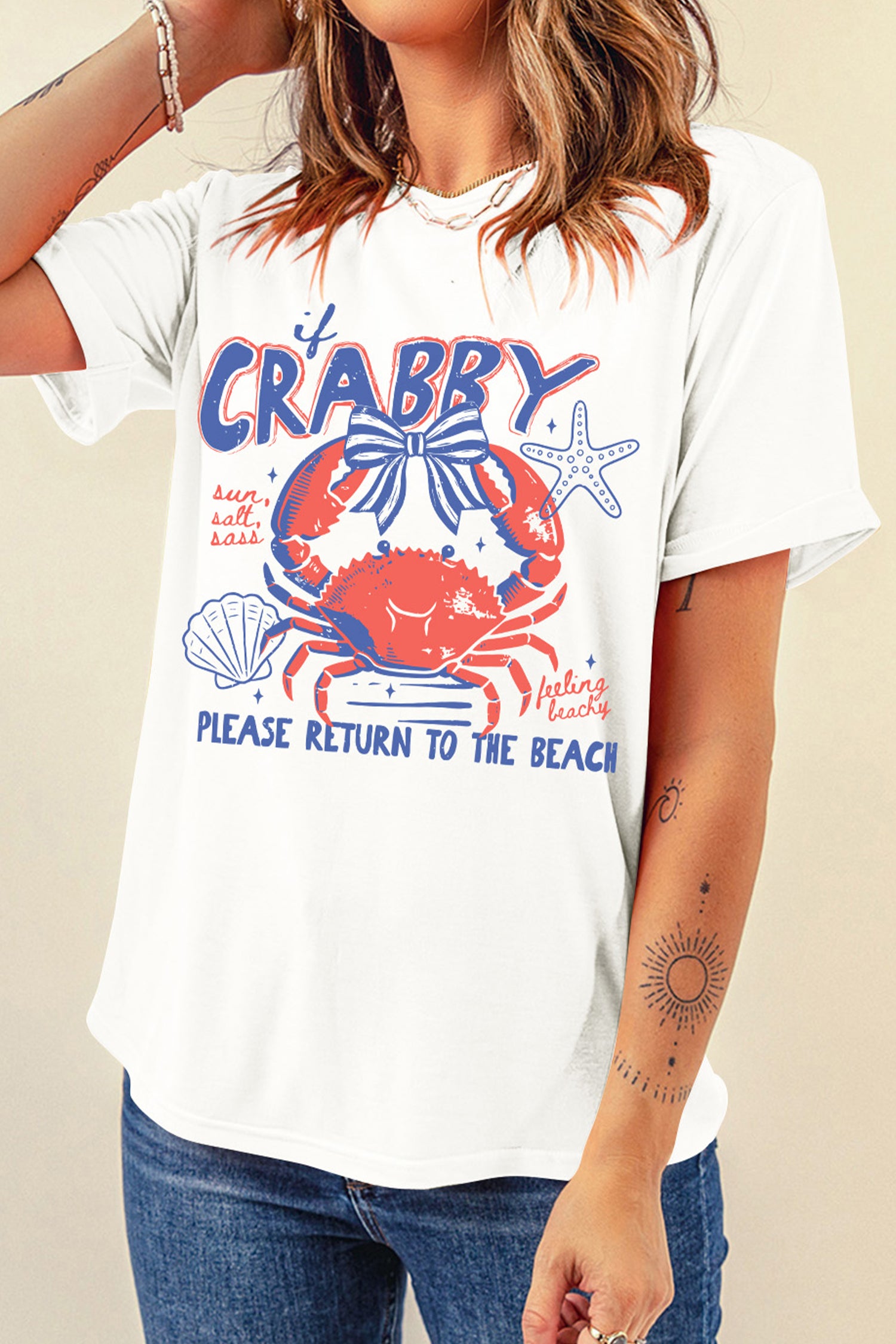 White Coquette Crabby Vacation Graphic Tee-Graphic/Graphic Tees-[Adult]-[Female]-2022 Online Blue Zone Planet