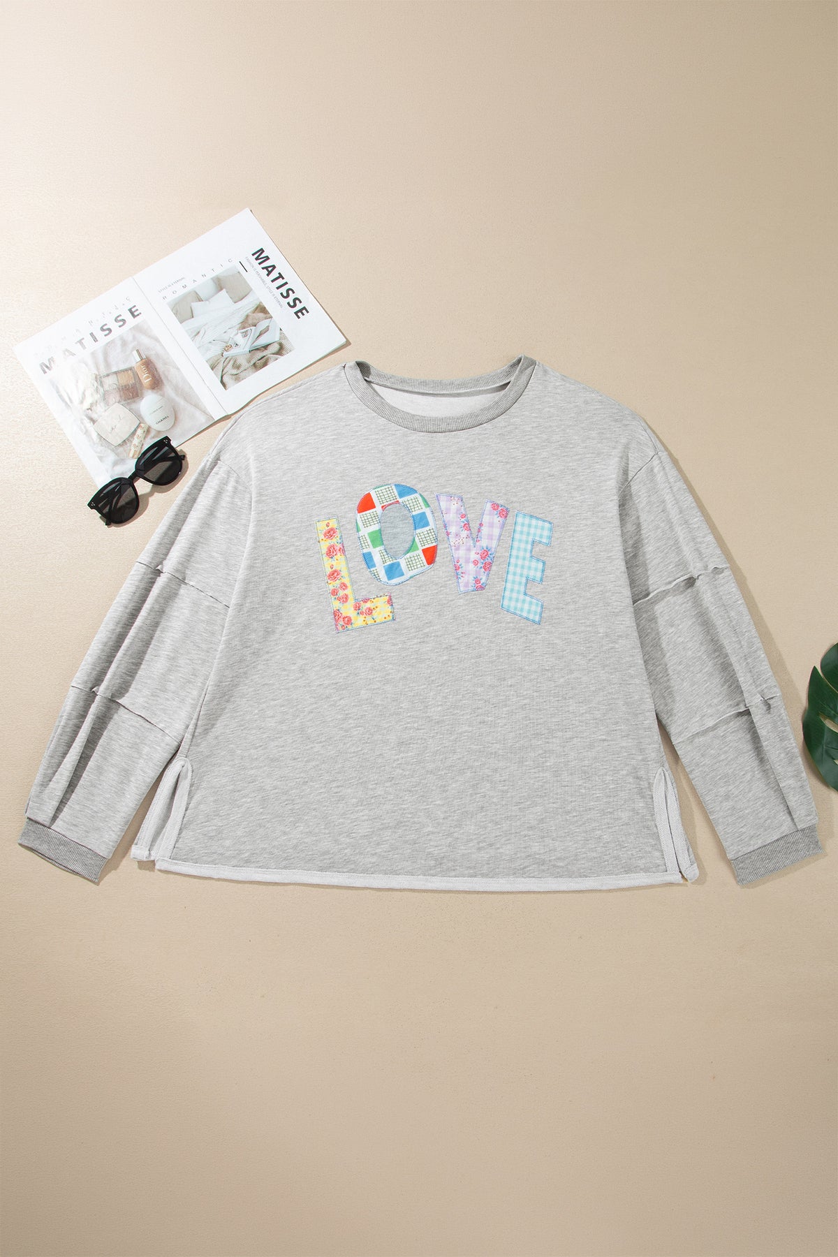 Light Grey Long Sleeve Patch Embroidery Tunic Plus Size Blouse-Plus Size/Plus Size Tops/Plus Size Long Sleeve Tops-[Adult]-[Female]-2022 Online Blue Zone Planet