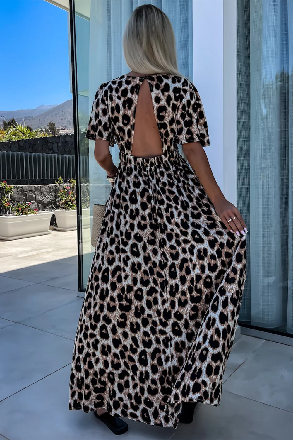 Khaki Leopard V Neck Cinched High Waist Open Back Maxi Dress-Maxi Dresses-[Adult]-[Female]-2022 Online Blue Zone Planet