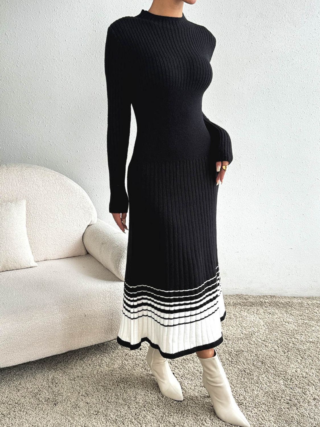 Contrast Mock Neck Long Sleeve Sweater Dress-TOPS / DRESSES-[Adult]-[Female]-2022 Online Blue Zone Planet