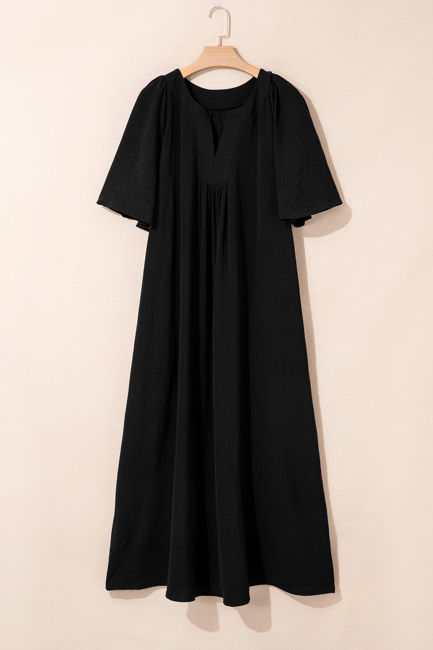 Black Plus Size Solid Color Notched Neck Short Sleeve Loose Dress-TOPS / DRESSES-[Adult]-[Female]-2022 Online Blue Zone Planet