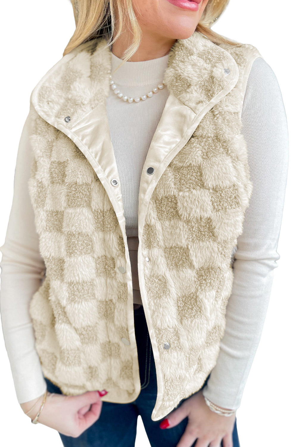 Khaki Sherpa Checkerboard Snap Button Vest Jacket With Pocket-Outerwear/Vests-[Adult]-[Female]-2022 Online Blue Zone Planet