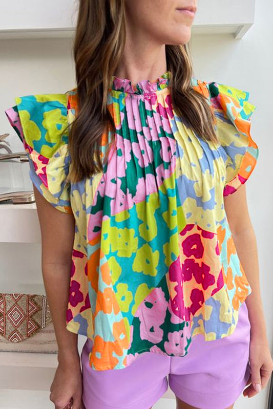 Multicolour Abstract Print Pleated Flutter Sleeve Blouse-Tops/Blouses & Shirts-[Adult]-[Female]-Multicolour-S-2022 Online Blue Zone Planet