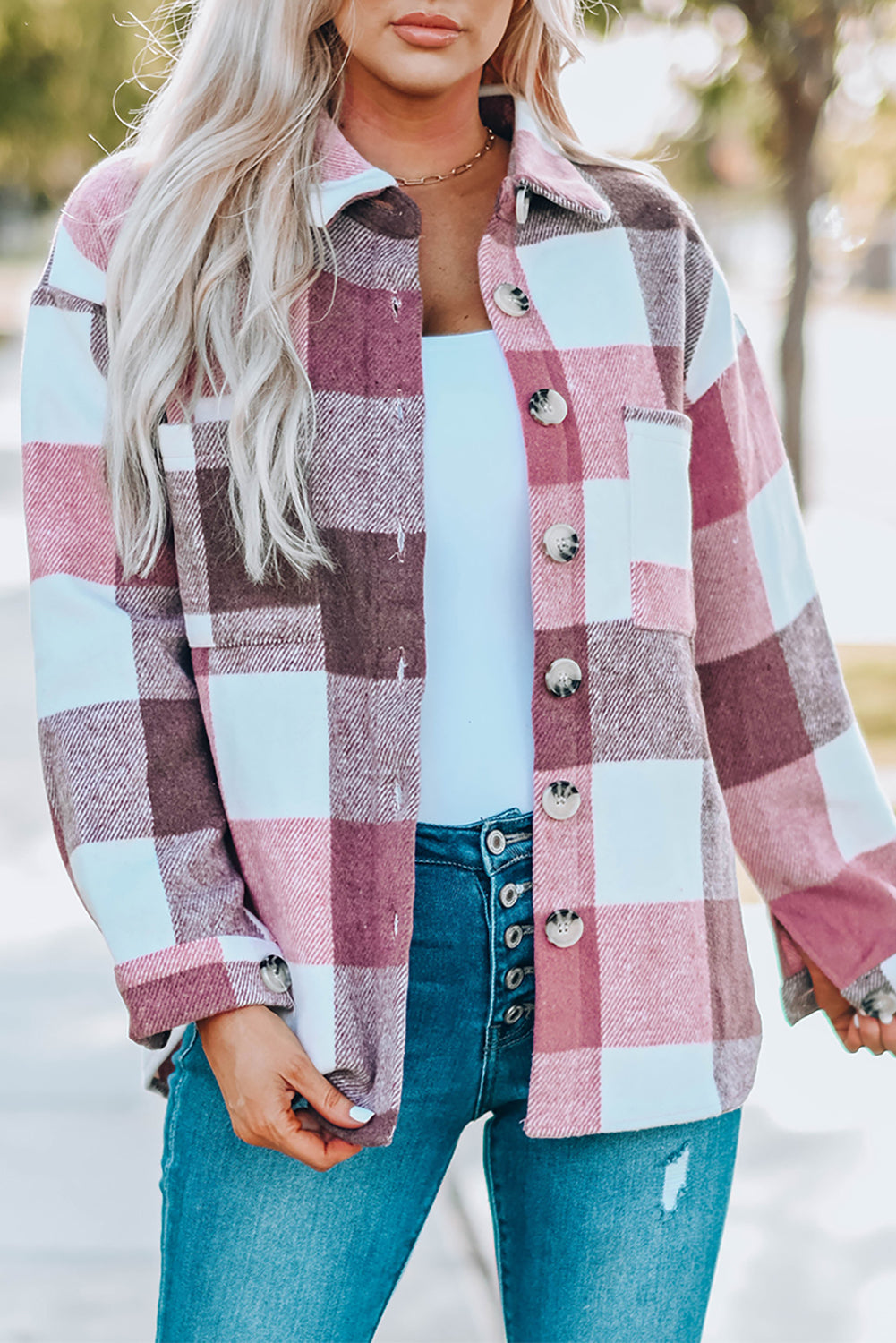 Khaki Plaid Color Block Buttoned Long Sleeve Jacket with Pocket-Outerwear/Plaid Shackets-[Adult]-[Female]-Red-S-2022 Online Blue Zone Planet