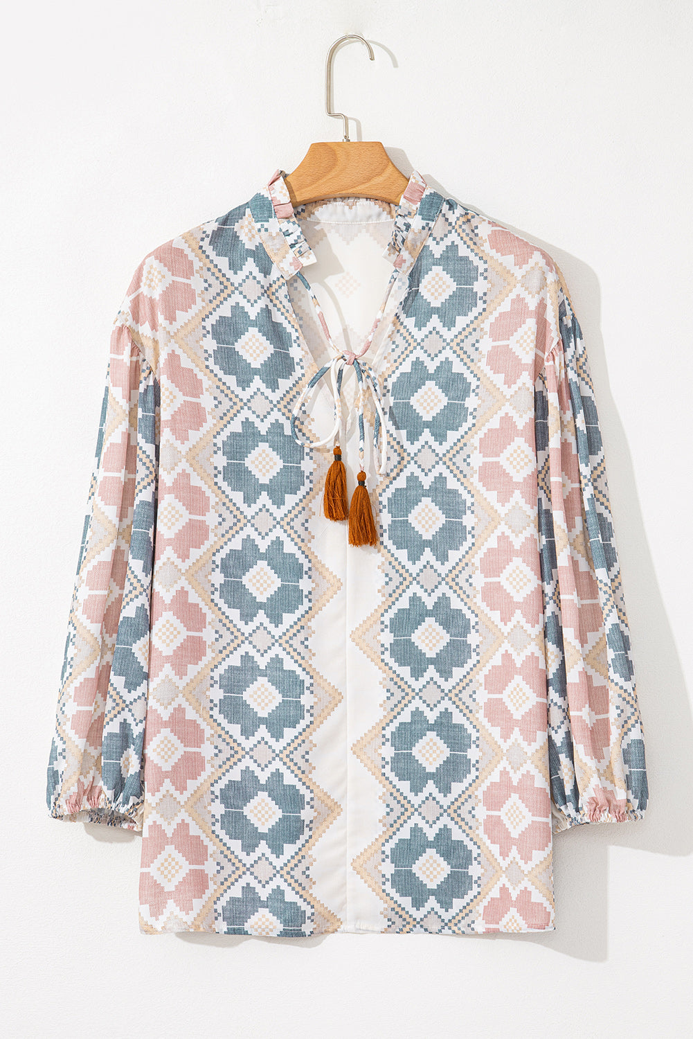 Blue Zone Planet | Khaki Geometric Print Tassel Tie Split Neck Balloon Sleeve Blouse-Tops/Blouses & Shirts-[Adult]-[Female]-2022 Online Blue Zone Planet