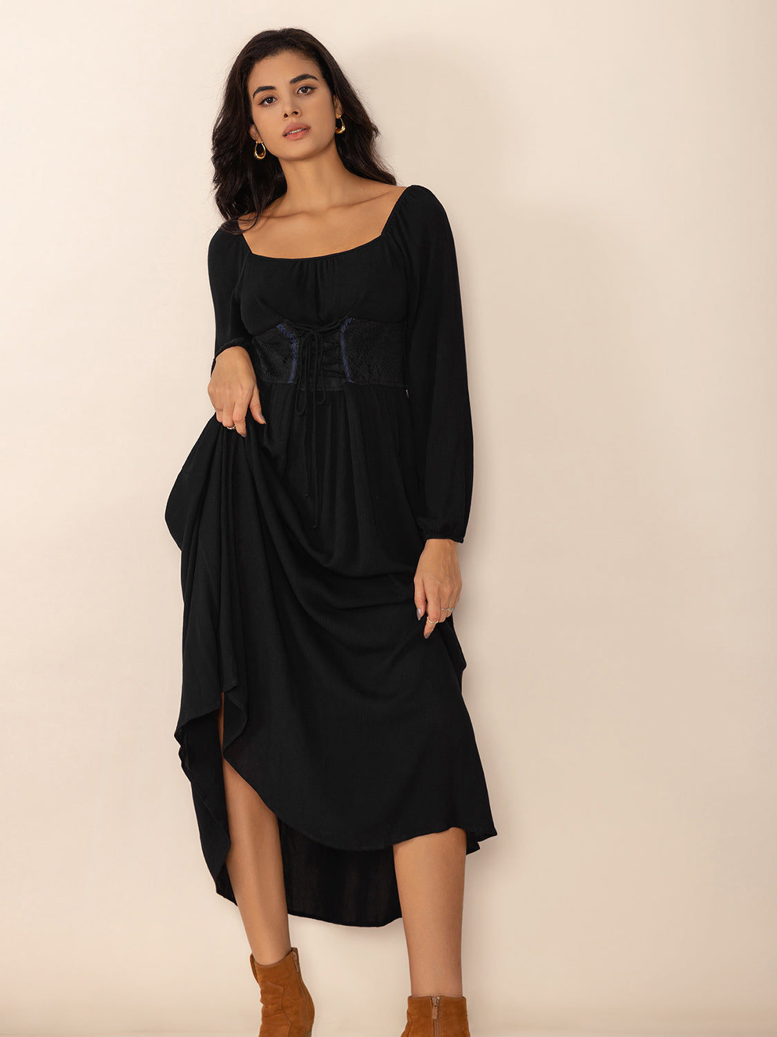 Lace-Up Square Neck Long Sleeve Midi Dress-TOPS / DRESSES-[Adult]-[Female]-2022 Online Blue Zone Planet