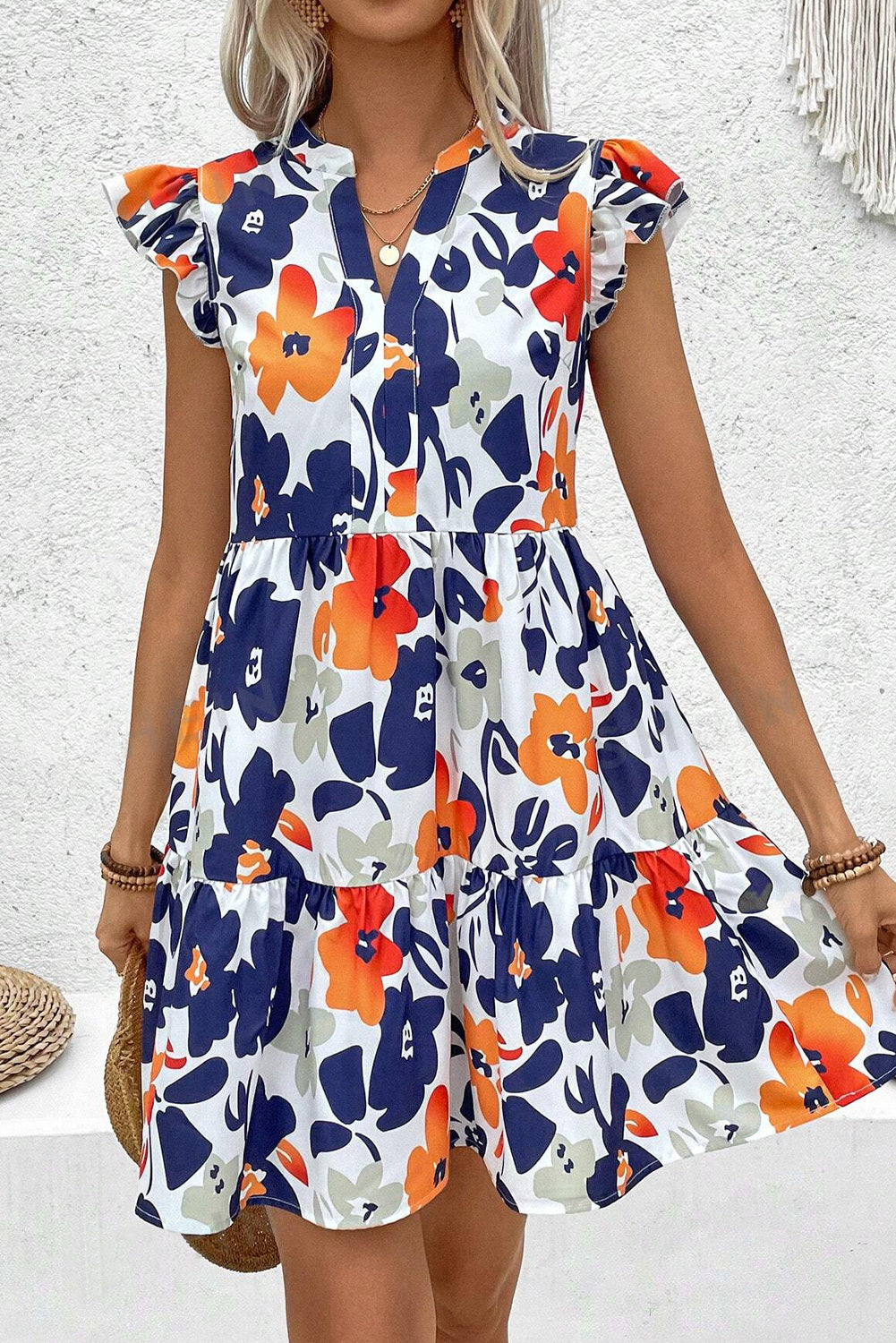Orange Floral Print Notched Neck Flutter Sleeve Mini Dress-Dresses/Floral Dresses-[Adult]-[Female]-2022 Online Blue Zone Planet