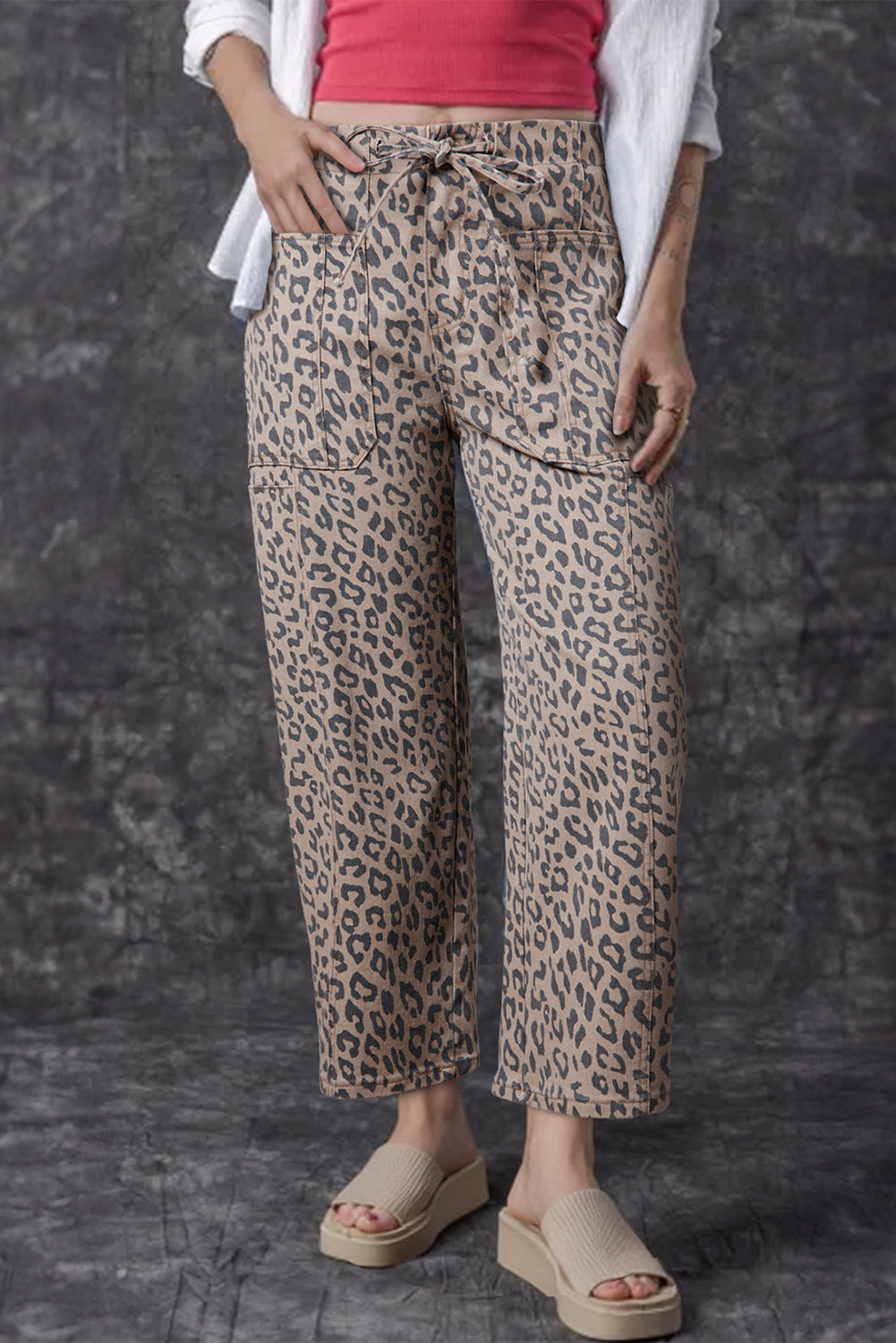 Blue Zone Planet | Khaki Leopard Printed Drawstring Waist Pocketed Wide Leg Jeans-Bottoms/Jeans-[Adult]-[Female]-2022 Online Blue Zone Planet